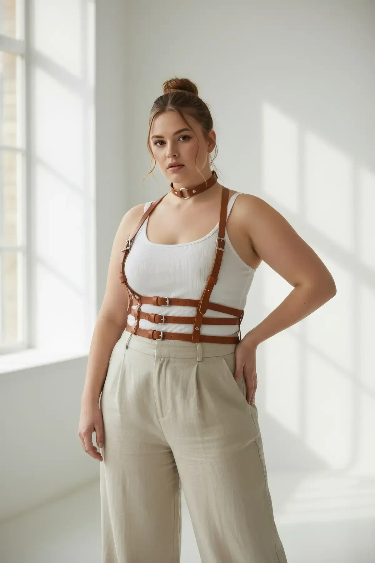 Büyük Beden Taba Kadın Kemer Vücut Aksesuarı Çoklu Bantlı Estetik Tasarım - APFT615