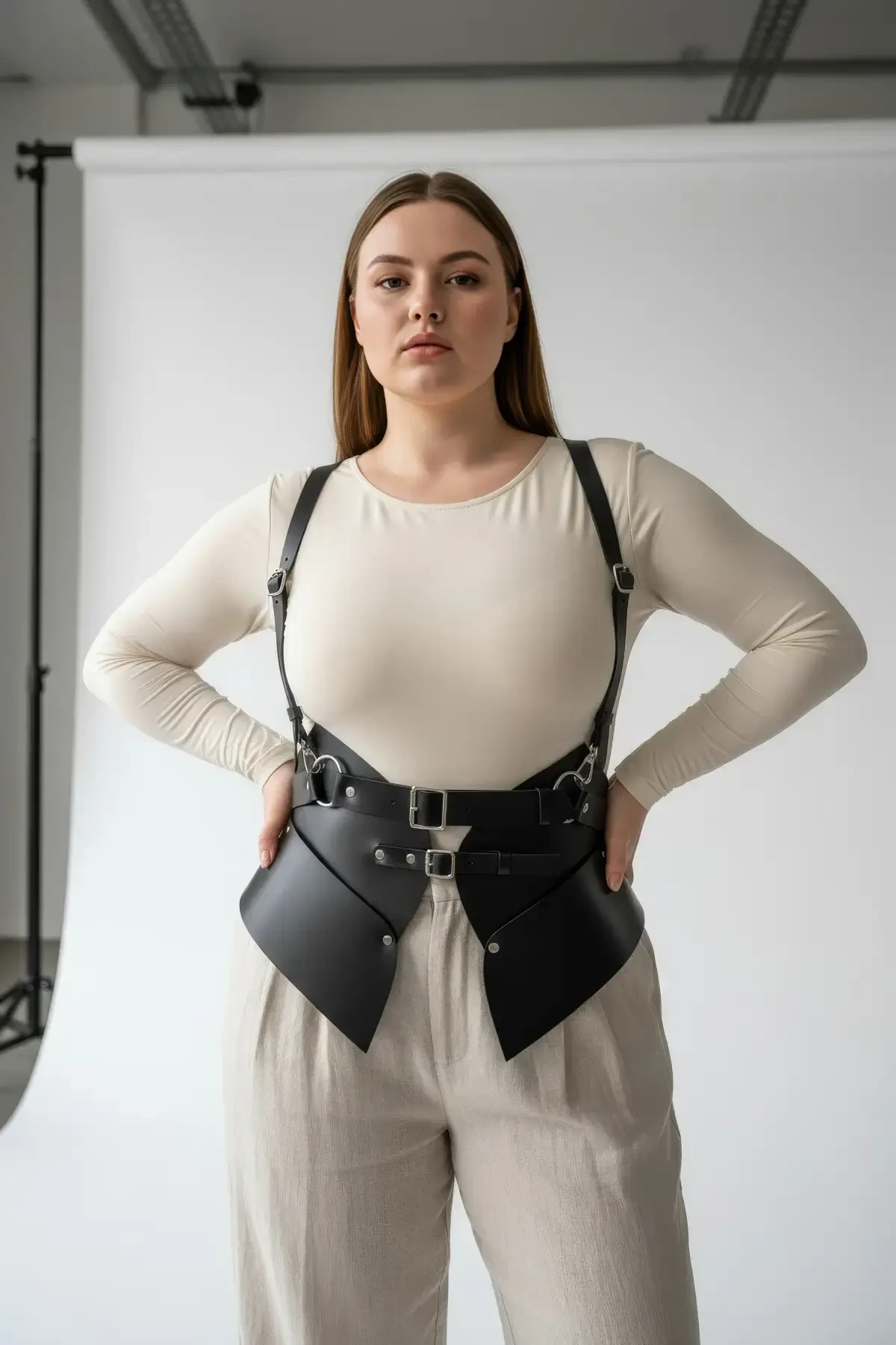 Büyük Beden Siyah Kadın Deri Korse Kemer Omuz Askılı Bel Şekillendirici - APFT616