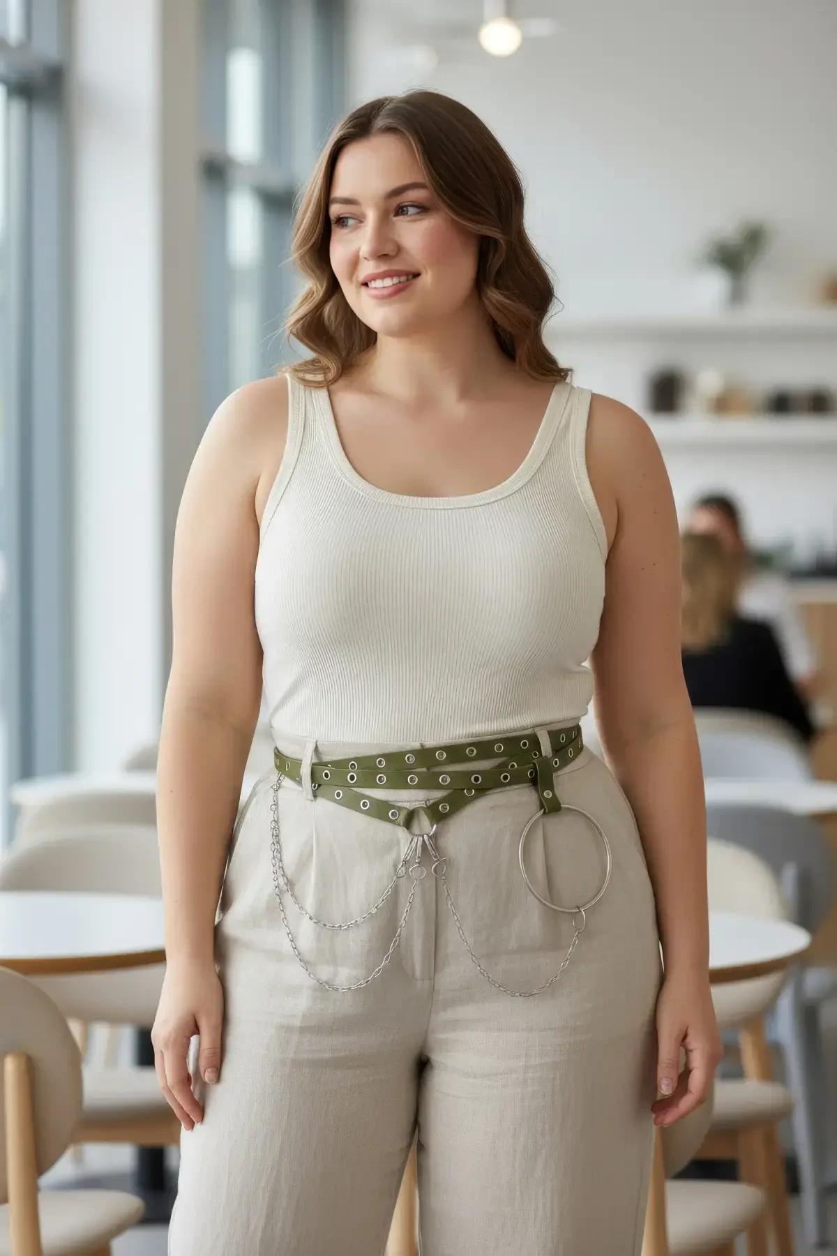 Büyük Beden Haki Kadın Kemer Zincir ve Halka Detaylı Trend Model - APFT621