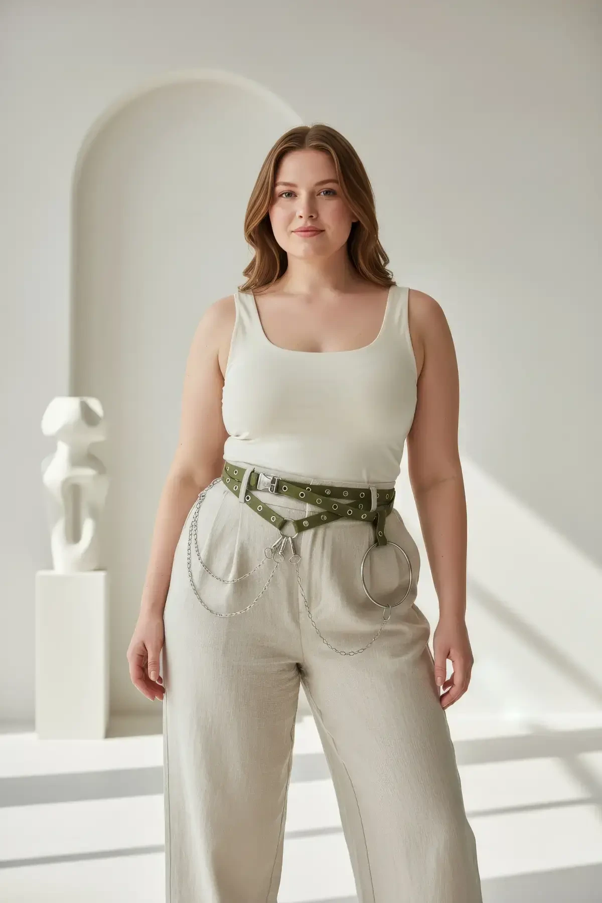 Büyük Beden Haki Kadın Kemer Zincir ve Halka Detaylı Trend Model - APFT621