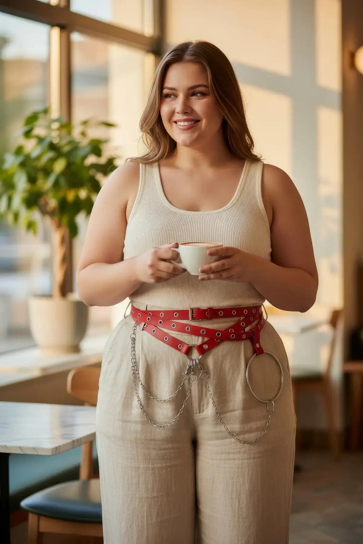 Büyük Beden Kırmızı Kadın Kemer Çoklu Kayışlı Zincir ve Halka Detaylı - APFT621