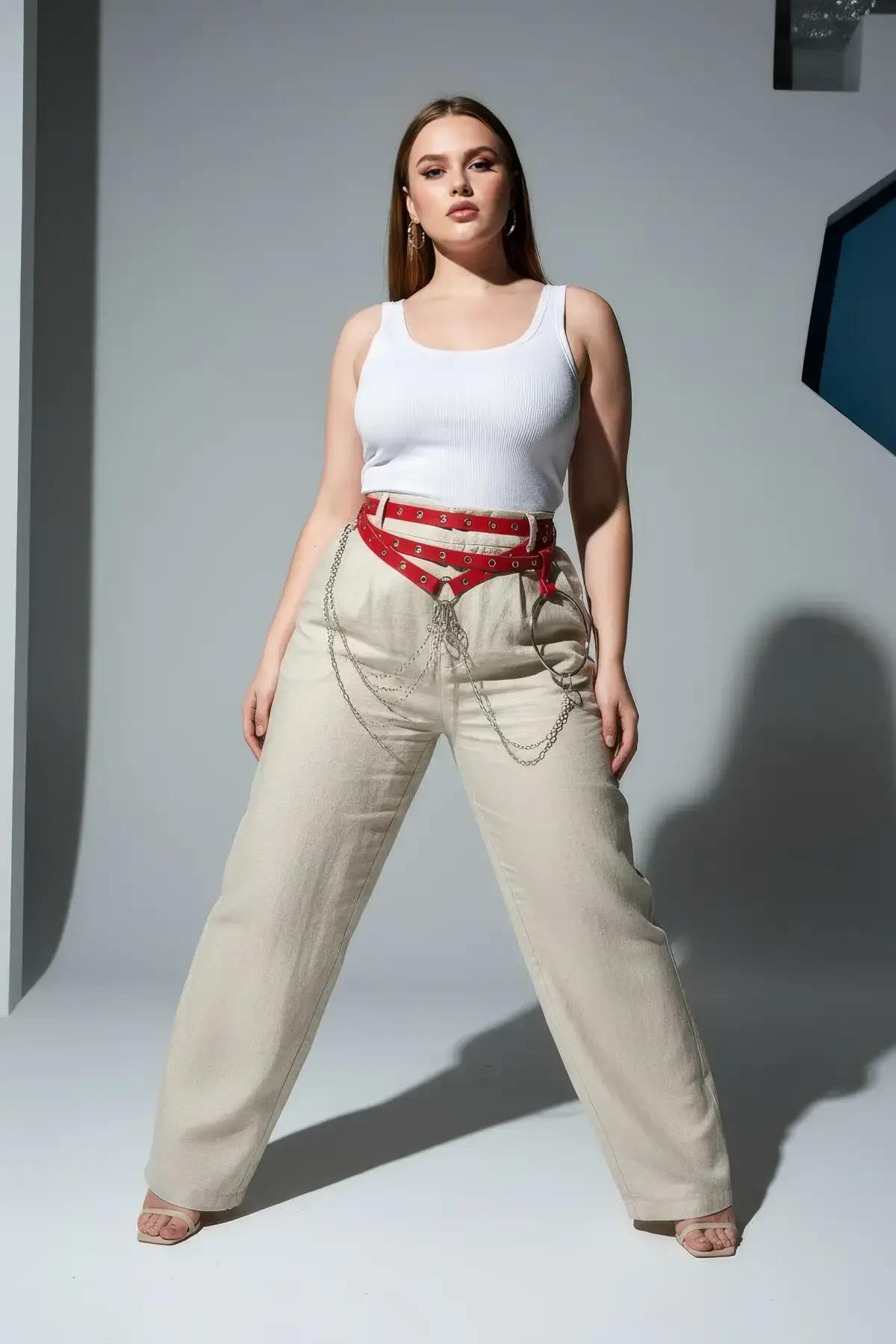 Büyük Beden Kırmızı Kadın Kemer Çoklu Kayışlı Zincir ve Halka Detaylı - APFT621