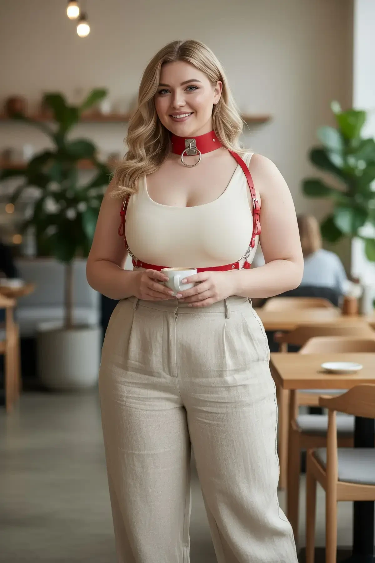 Büyük Beden Kırmızı Kadın Kemer Metal Halka Detaylı Deri Harness - APFT644