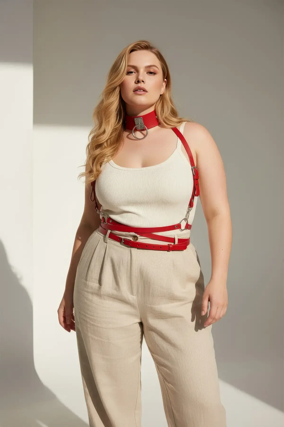 Büyük Beden Kırmızı Kadın Kemer Metal Halka Detaylı Deri Harness - APFT644