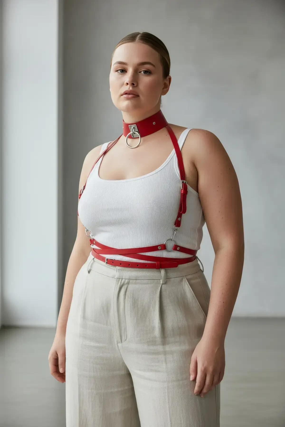 Büyük Beden Kırmızı Kadın Kemer Metal Halka Detaylı Deri Harness - APFT644