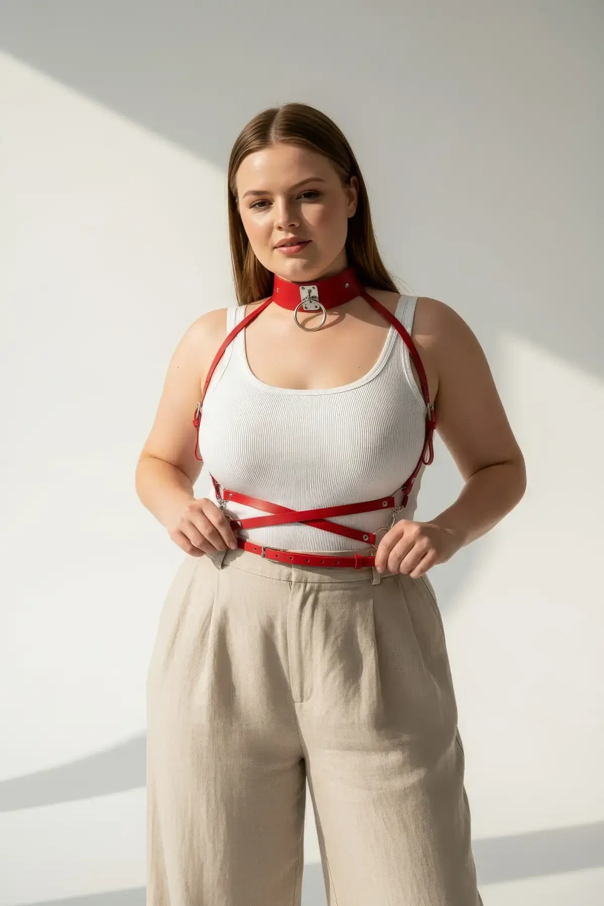 Büyük Beden Kırmızı Kadın Kemer Metal Halka Detaylı Deri Harness - APFT644