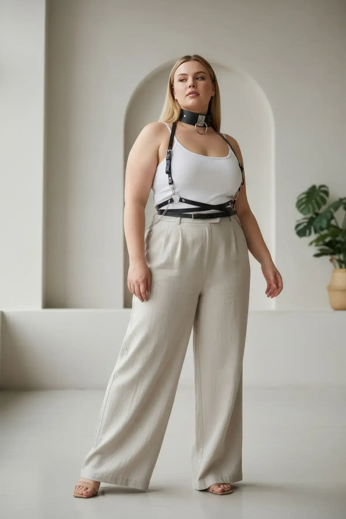 Büyük Beden Siyah Kadın Kemer Deri Harness Vücut Aksesuarı - APFT644