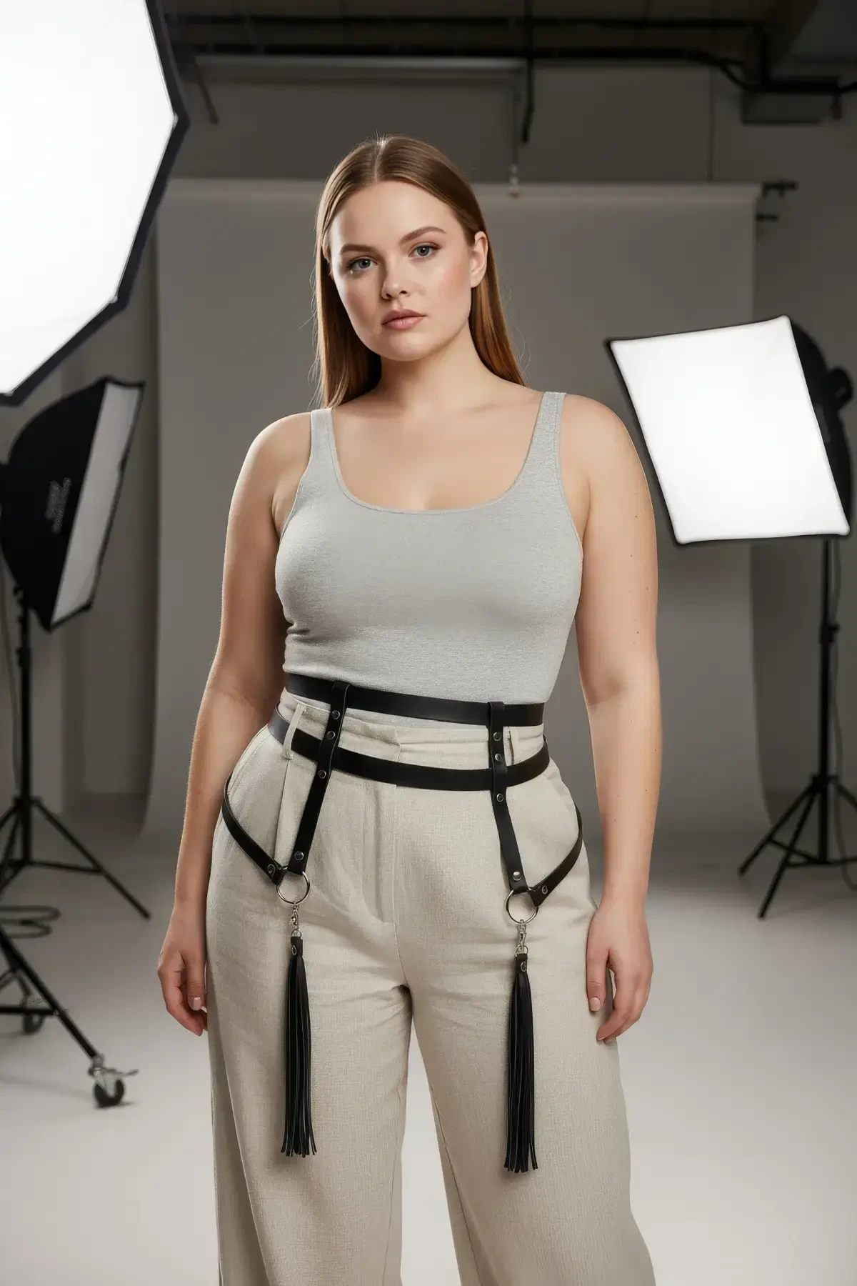 Büyük Beden Siyah Kadın Kemer Jartiyer Tarzı Püskül Detaylı Vücut Aksesuarı - APFT645