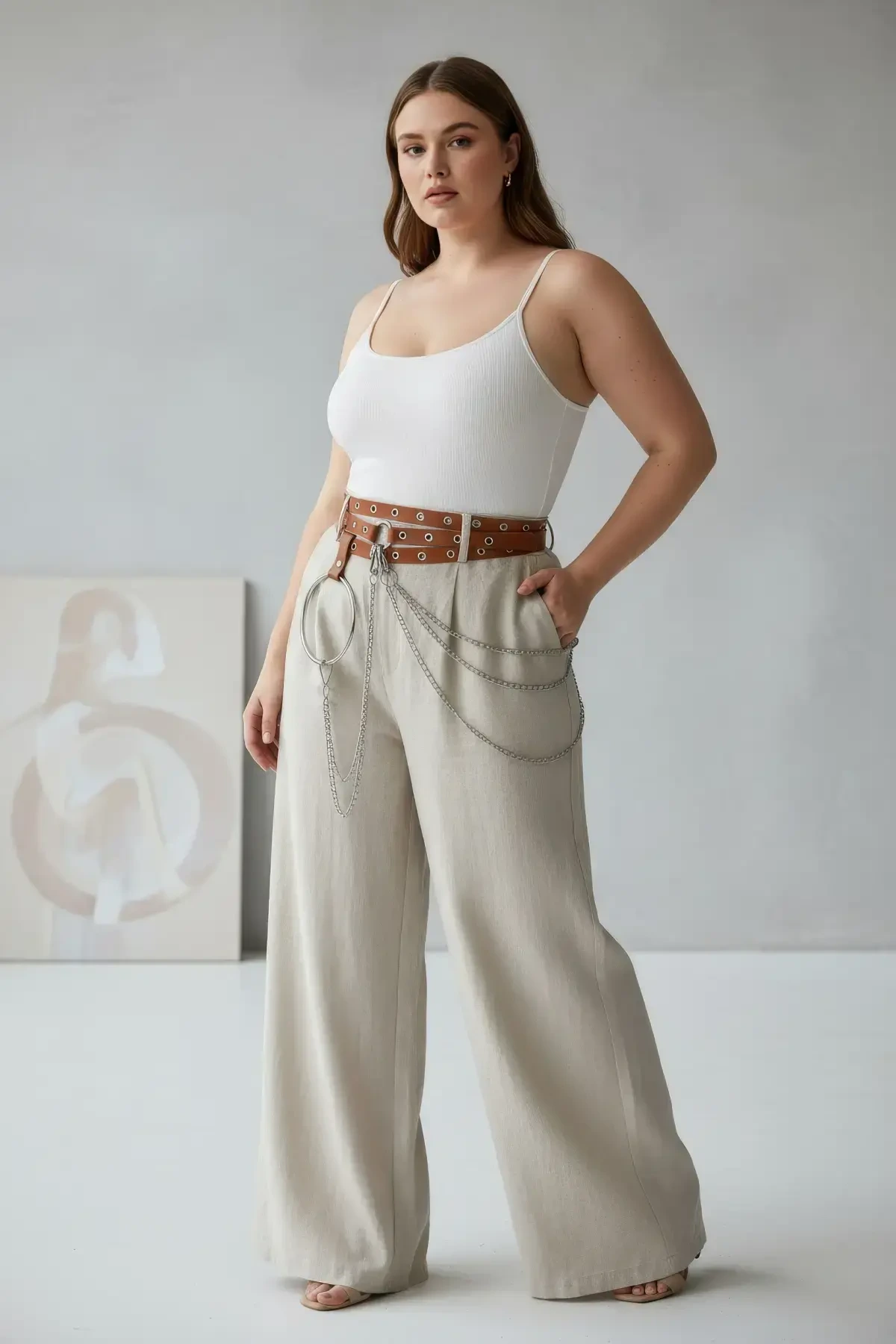 Büyük Beden Taba Kadın Kemer Zincir Detaylı Halkalı Trend Tasarım - APFT731