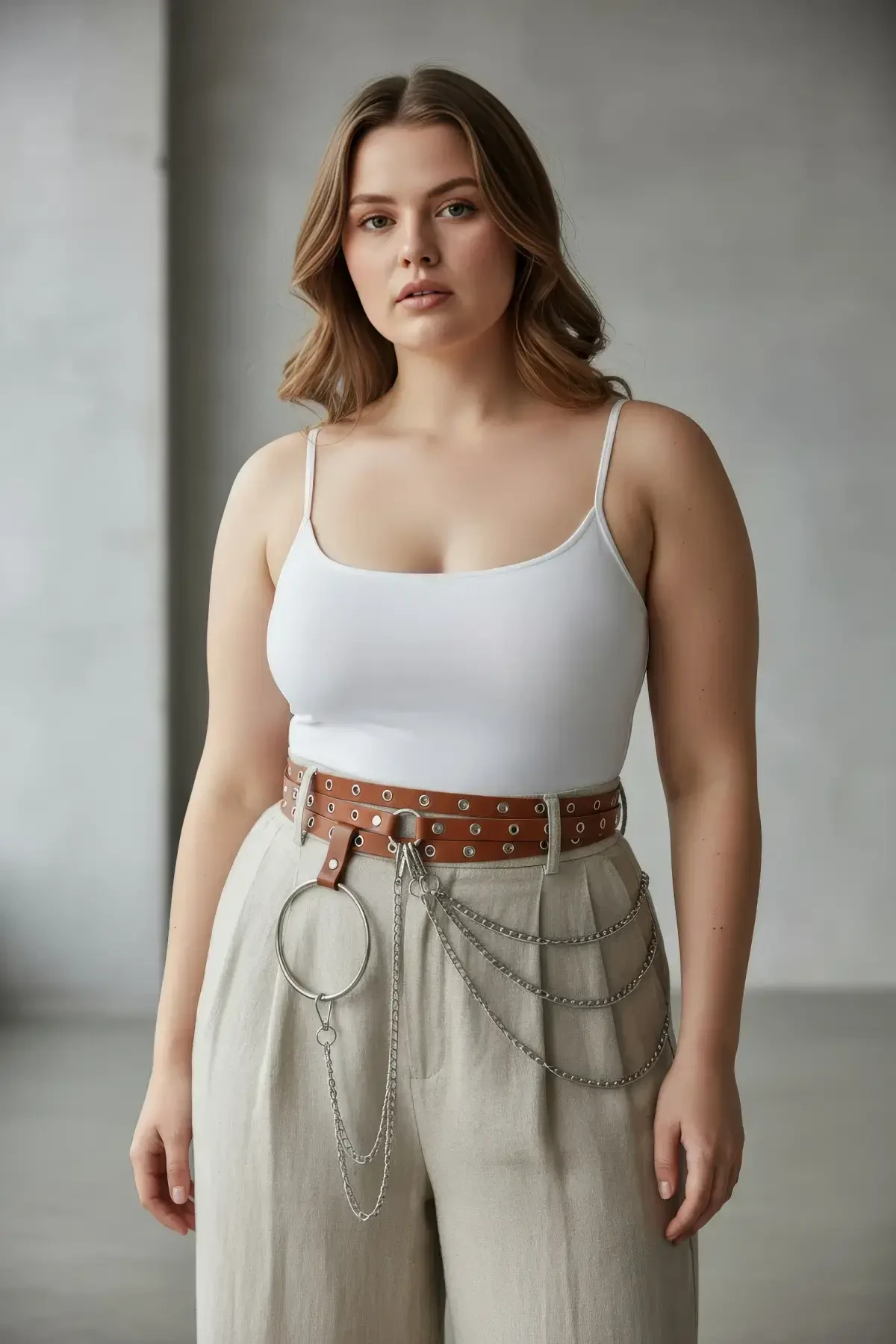 Büyük Beden Taba Kadın Kemer Zincir Detaylı Halkalı Trend Tasarım - APFT731