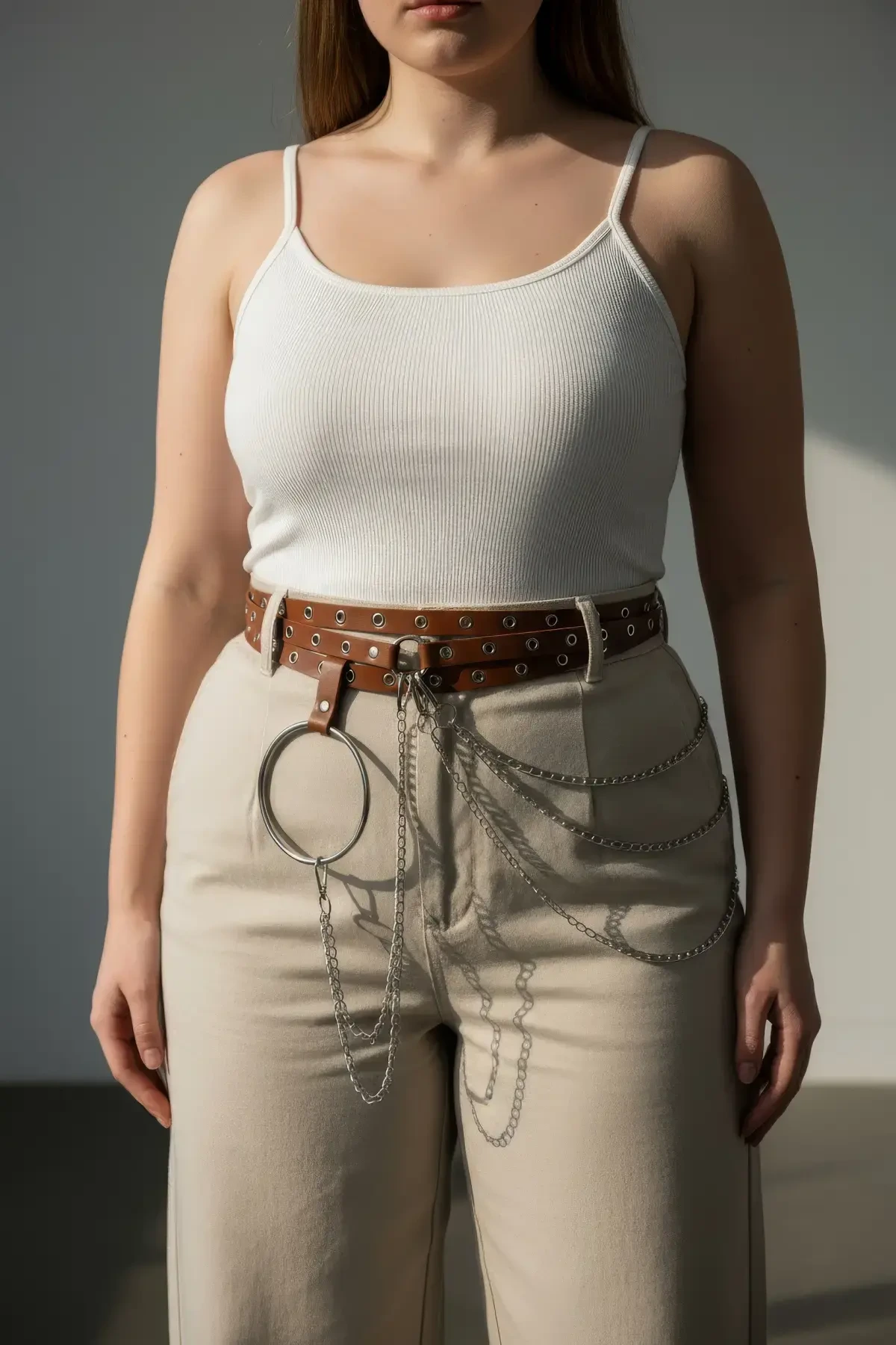 Büyük Beden Taba Kadın Kemer Zincir Detaylı Halkalı Trend Tasarım - APFT731