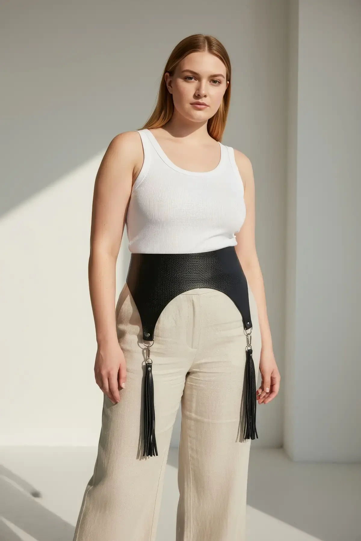 Büyük Beden Siyah Kadın Kemer Geniş Püskül Detaylı Bel Aksesuarı - APFT755 - 1