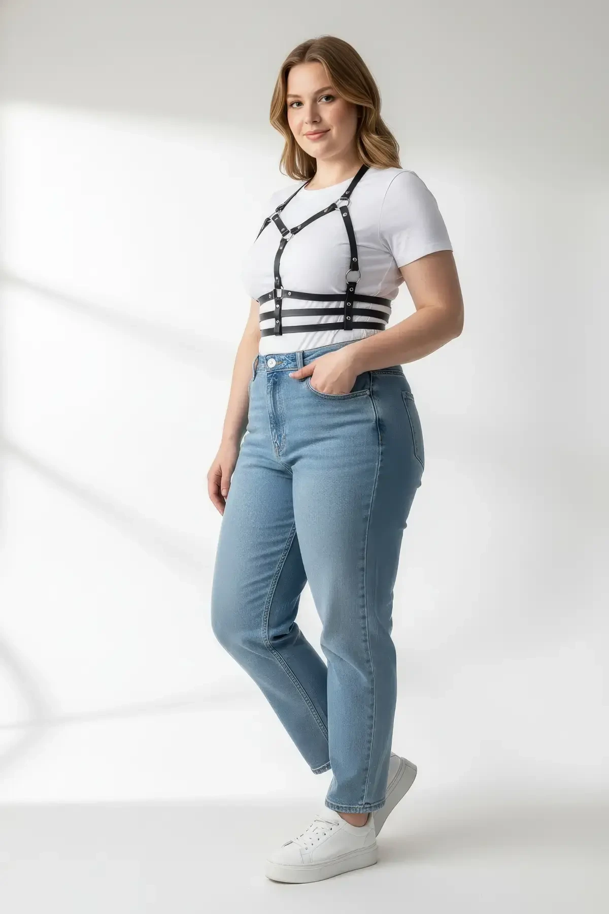 Büyük Beden Siyah Kadın Kemer Deri Harness Metal Detaylı - APFT760