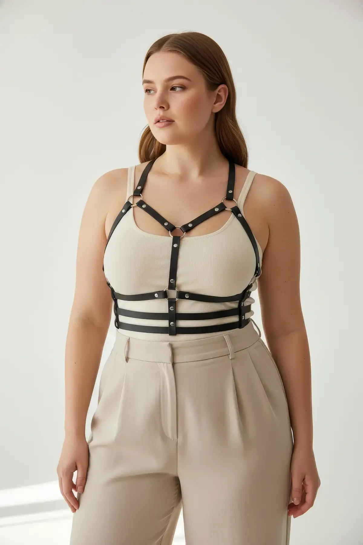 Büyük Beden Siyah Kadın Kemer Deri Harness Metal Detaylı - APFT760