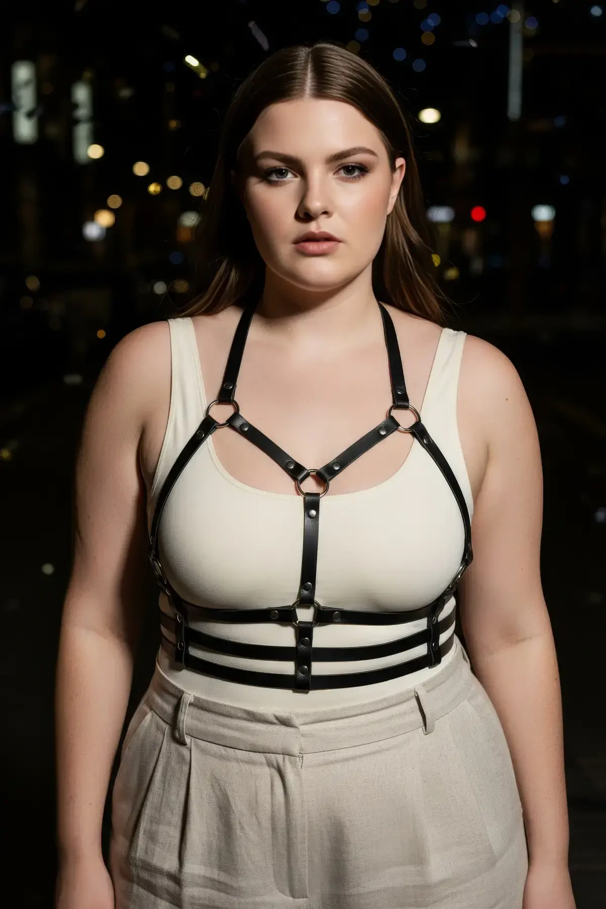 Büyük Beden Siyah Kadın Kemer Deri Harness Metal Detaylı - APFT760