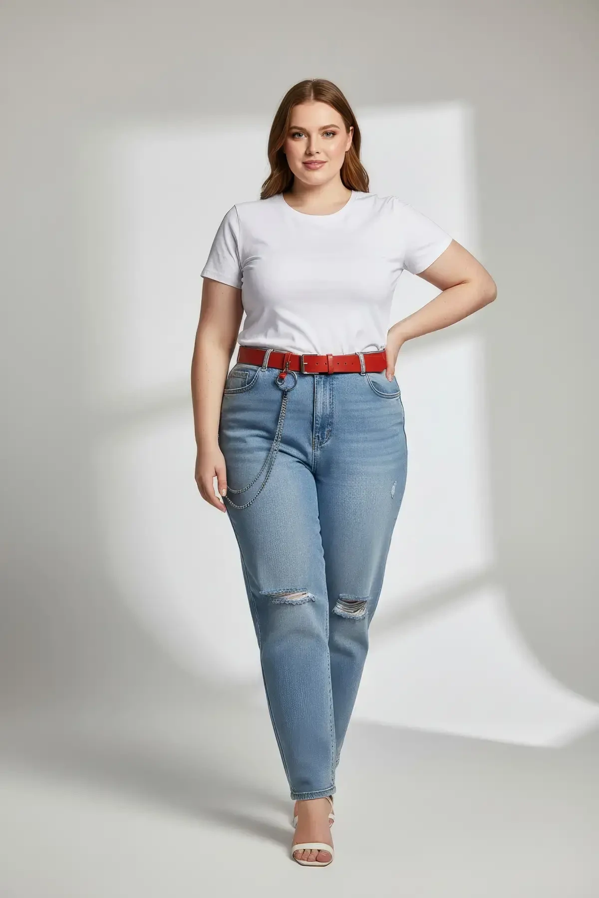 Büyük Beden Bordo Kadın Deri Kemer Halka ve Zincir Detaylı - APFT779