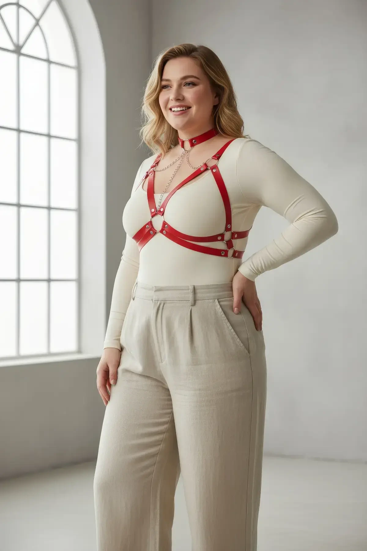 Büyük Beden Kırmızı Kadın Kemer Zincir Detaylı Deri Harness - APFT797