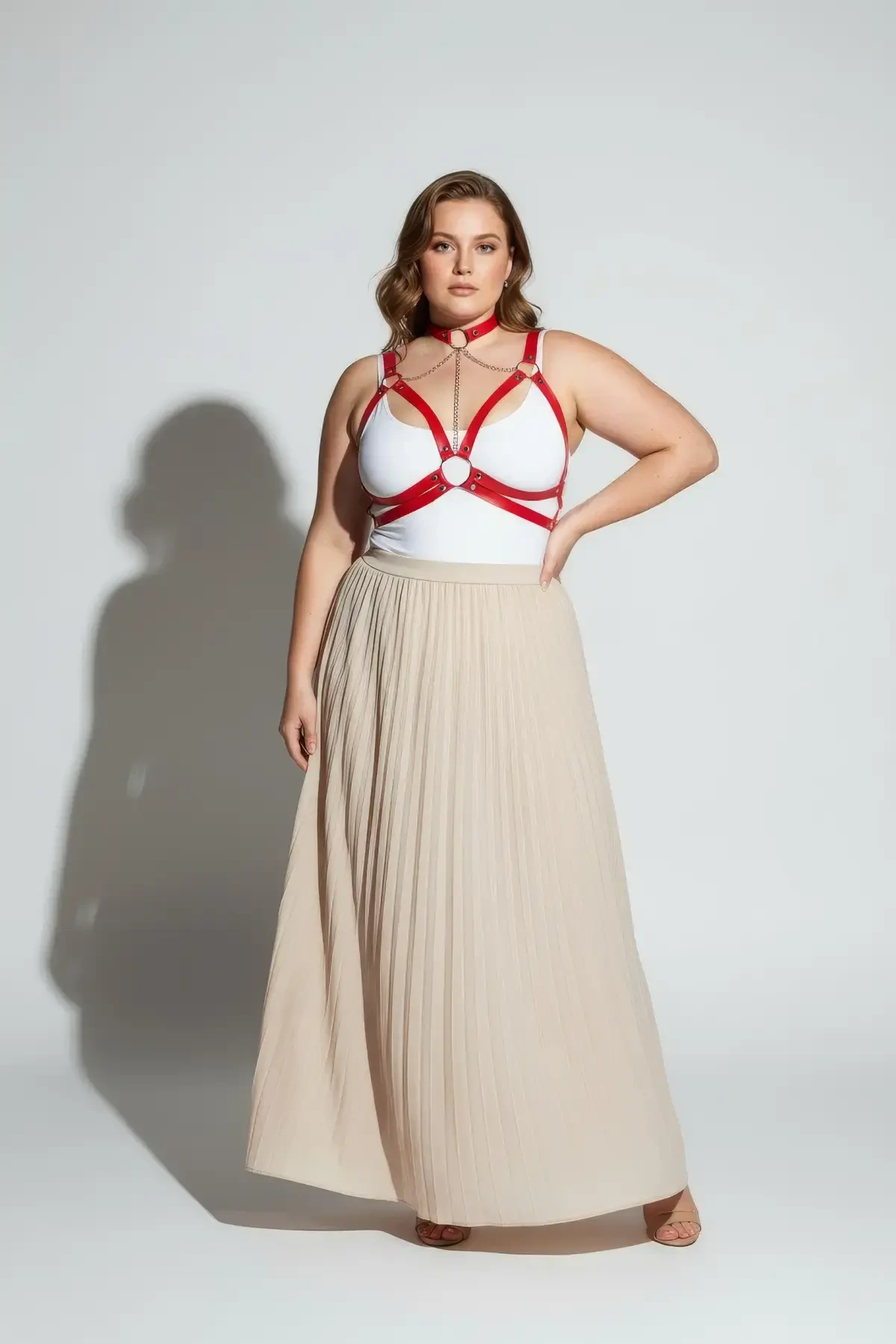 Büyük Beden Kırmızı Kadın Kemer Zincir Detaylı Deri Harness - APFT797