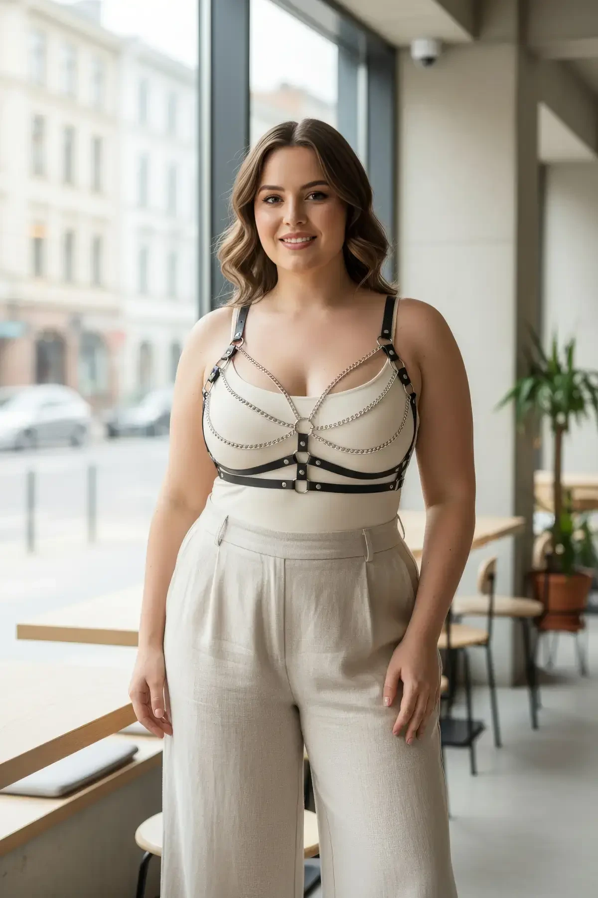 Büyük Beden Siyah Kadın Kemer Deri Zincir Detaylı Vücut Harness - APFT808