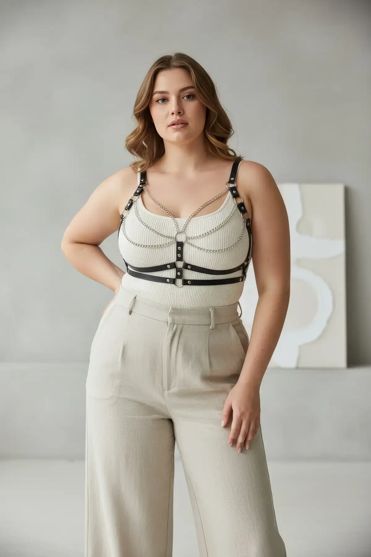 Büyük Beden Siyah Kadın Kemer Deri Zincir Detaylı Vücut Harness - APFT808