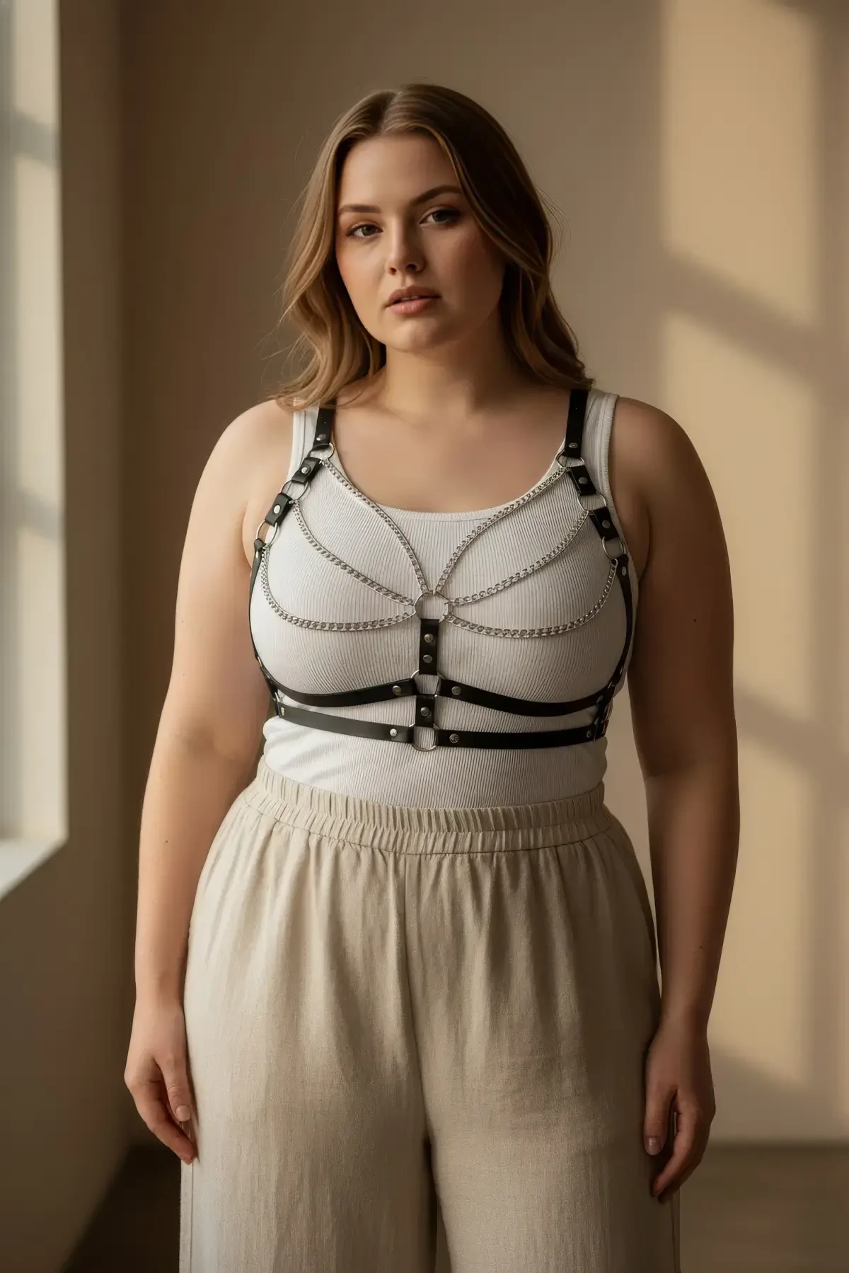 Büyük Beden Siyah Kadın Kemer Deri Zincir Detaylı Vücut Harness - APFT808