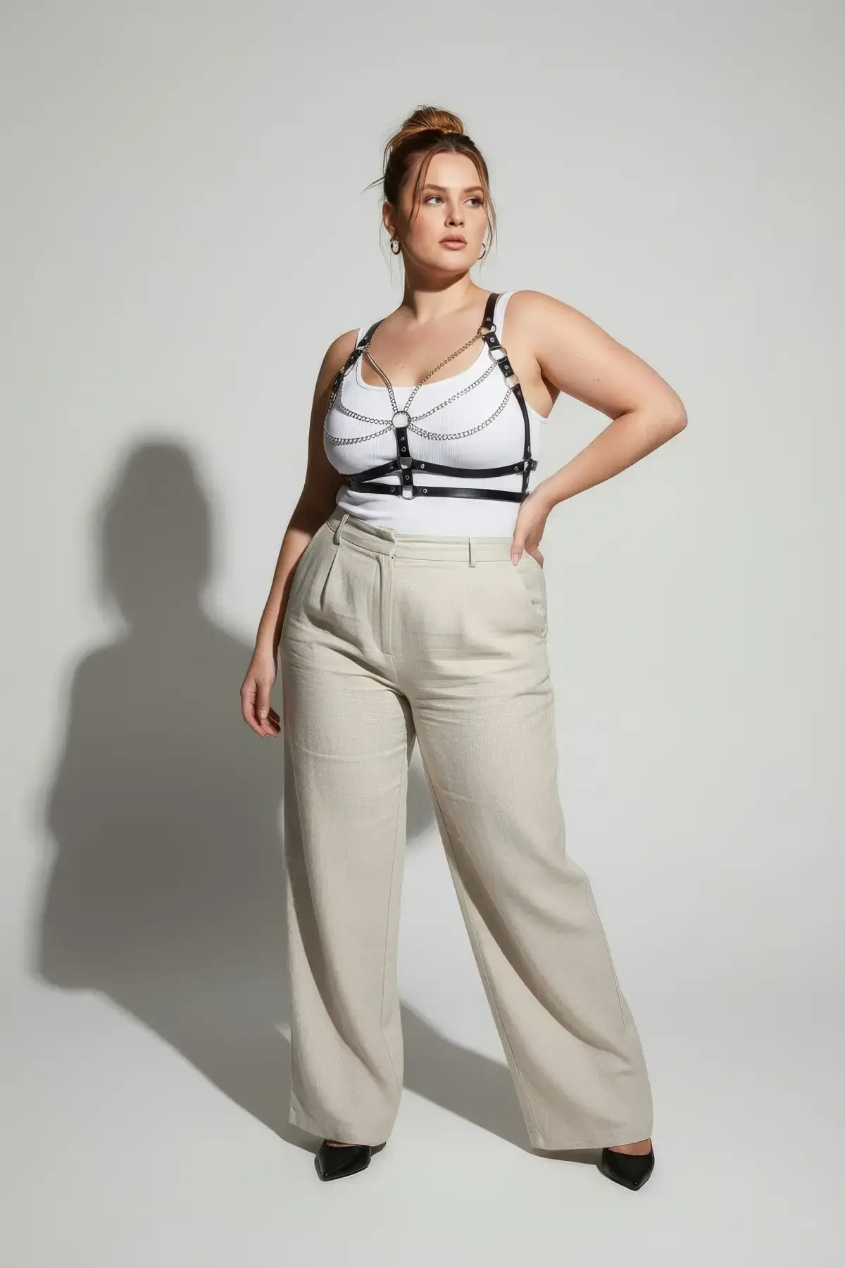 Büyük Beden Siyah Kadın Kemer Deri Zincir Detaylı Vücut Harness - APFT808