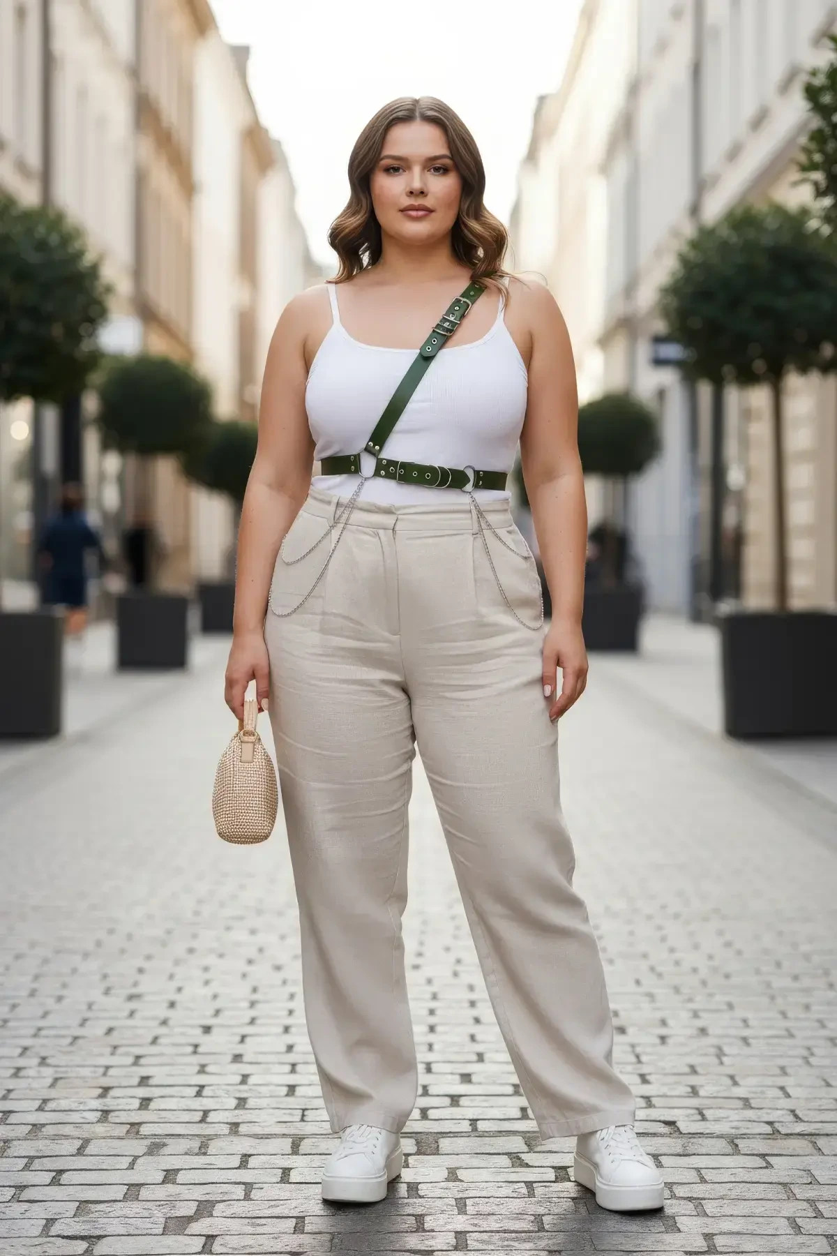 Büyük Beden Haki Kadın Deri Vücut Kemeri Zincir Detaylı - APFT813