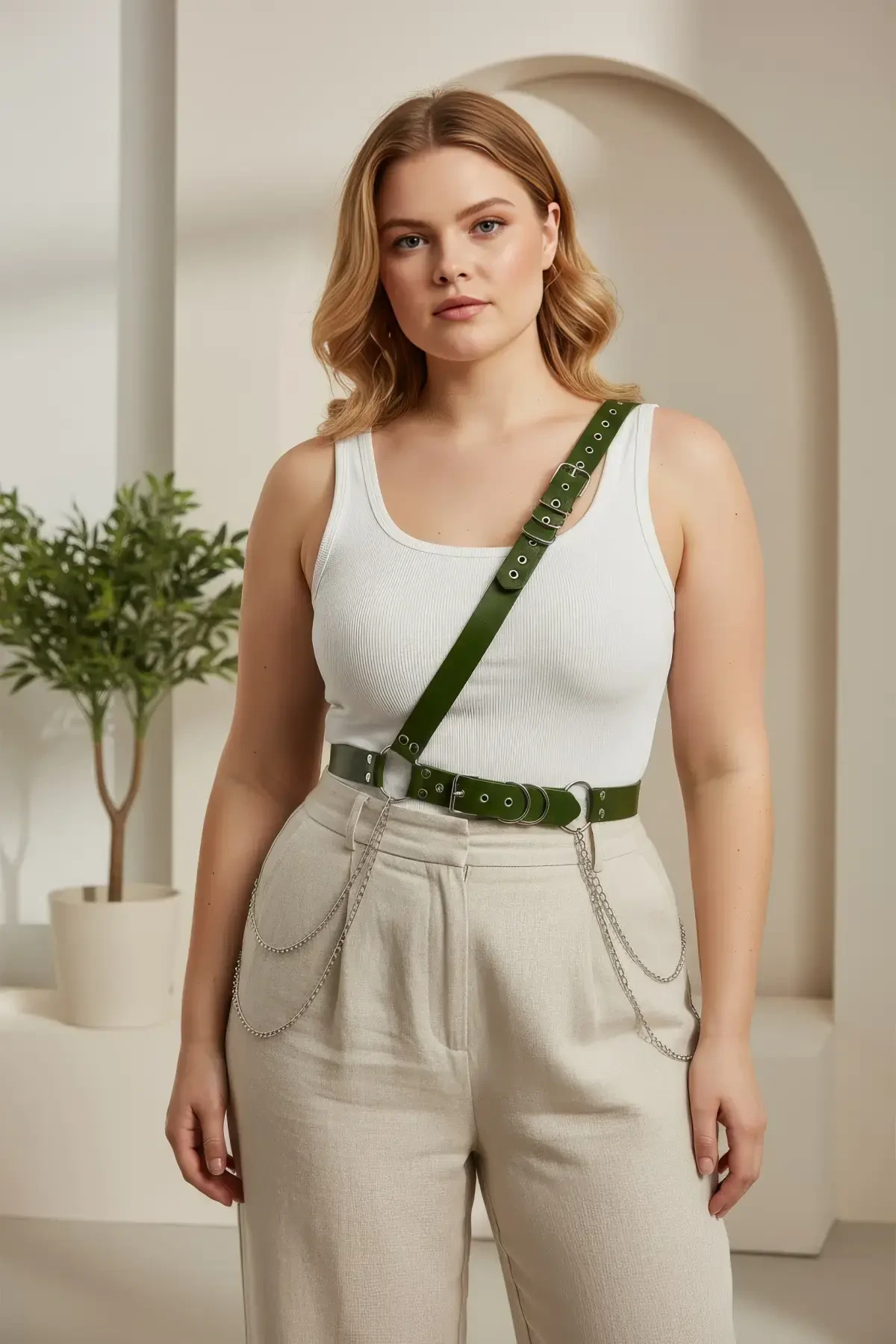 Büyük Beden Haki Kadın Deri Vücut Kemeri Zincir Detaylı - APFT813