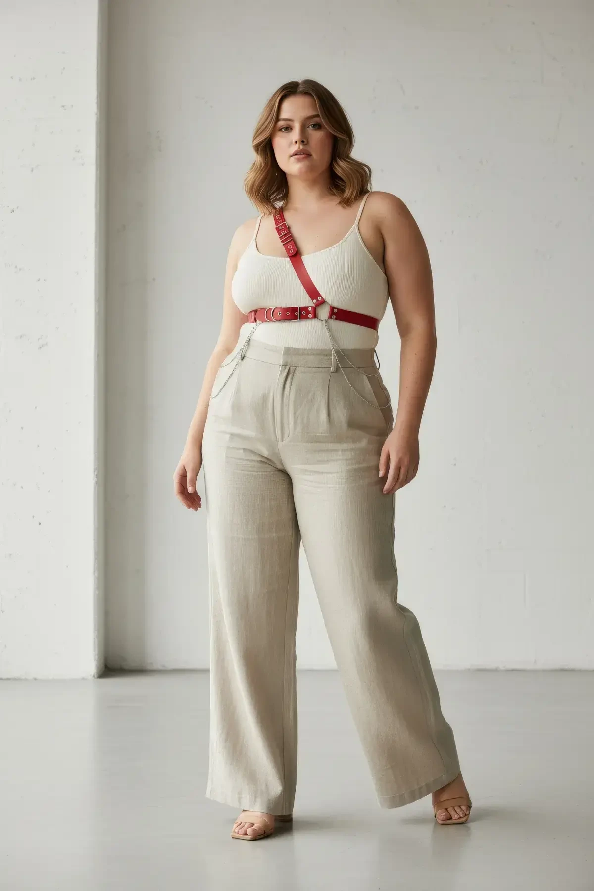 Büyük Beden Kırmızı Kadın Deri Harness Kemer Zincir Detaylı Vücut Aksesuarı - APFT813