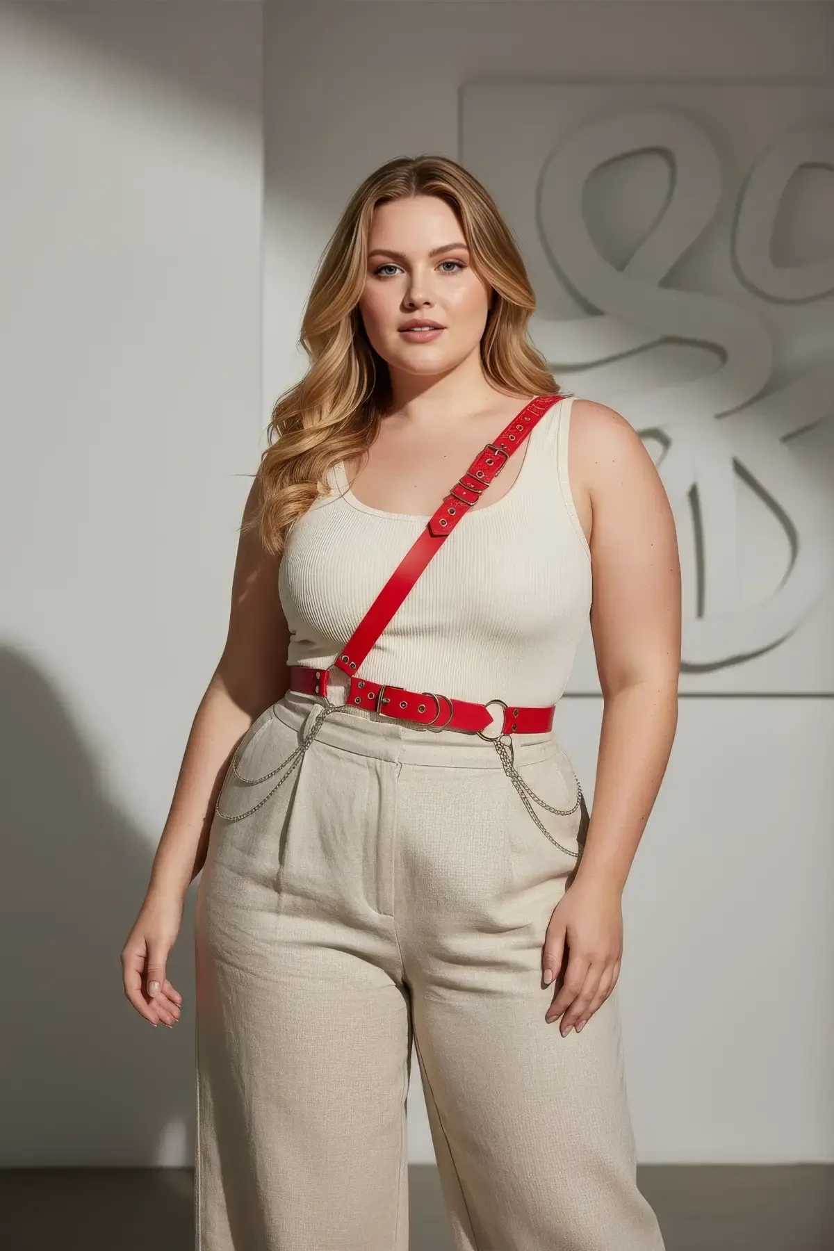 Büyük Beden Kırmızı Kadın Deri Harness Kemer Zincir Detaylı Vücut Aksesuarı - APFT813