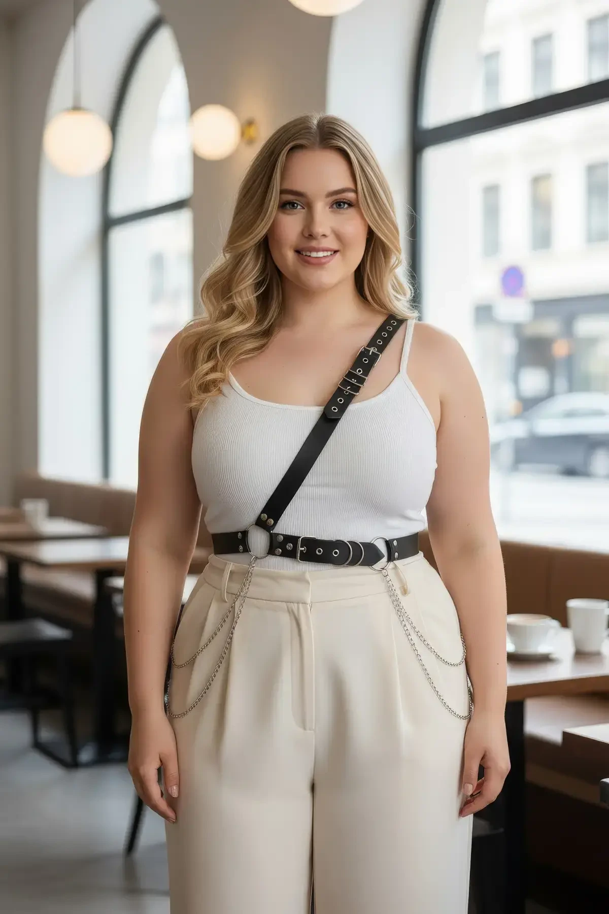 Büyük Beden Siyah Kadın Kemer Zincir Detaylı Body Harness Stil Vücut Aksesuarı - APFT813