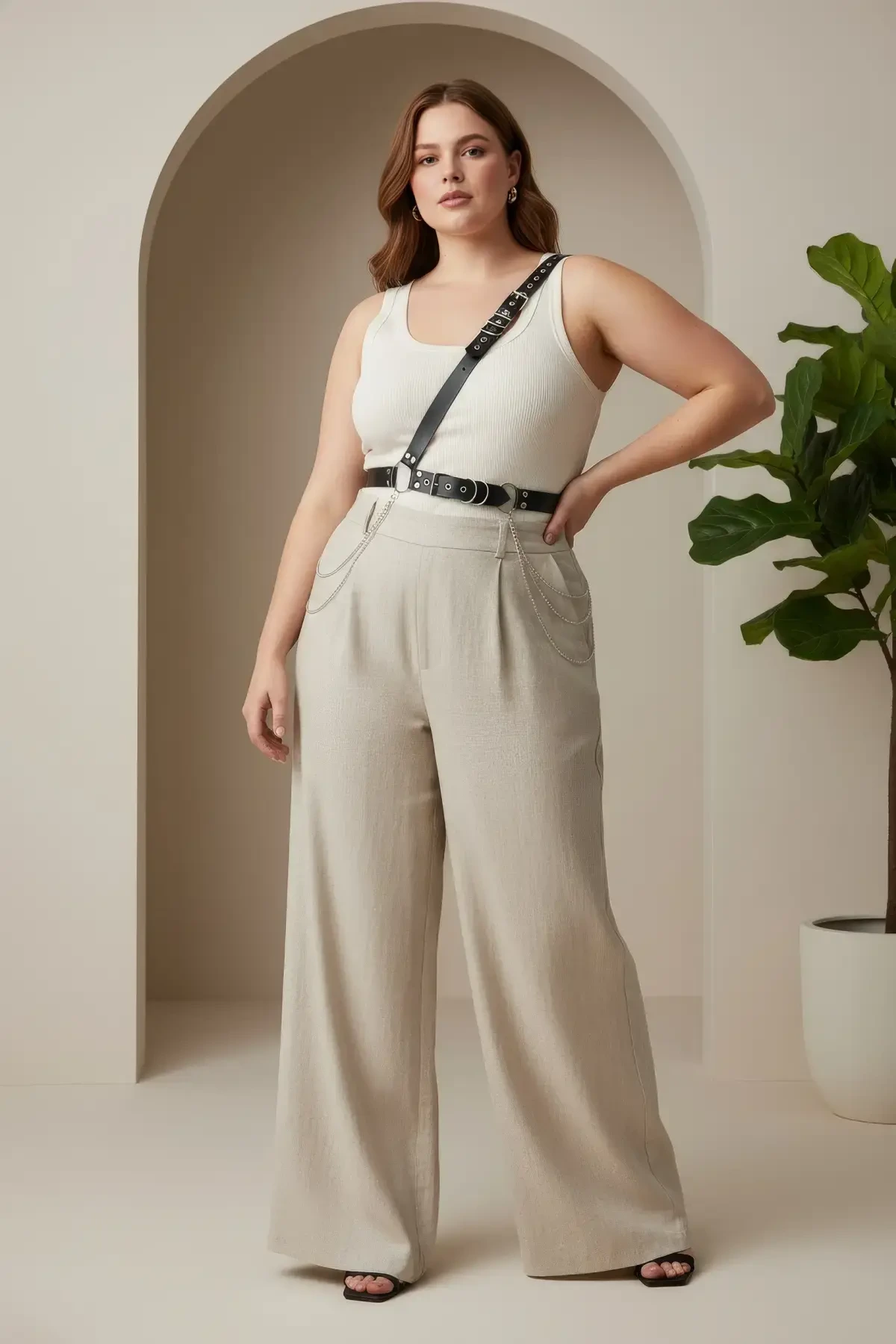 Büyük Beden Siyah Kadın Kemer Zincir Detaylı Body Harness Stil Vücut Aksesuarı - APFT813