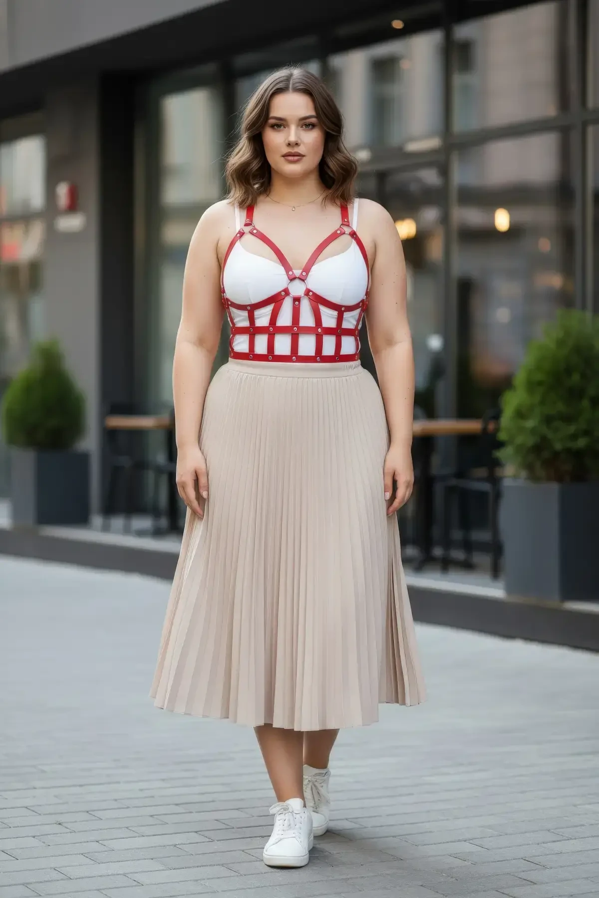 Büyük Beden Kırmızı Kadın Kemer Korse Tarzı Deri Vücut Aksesuarı - APFT819