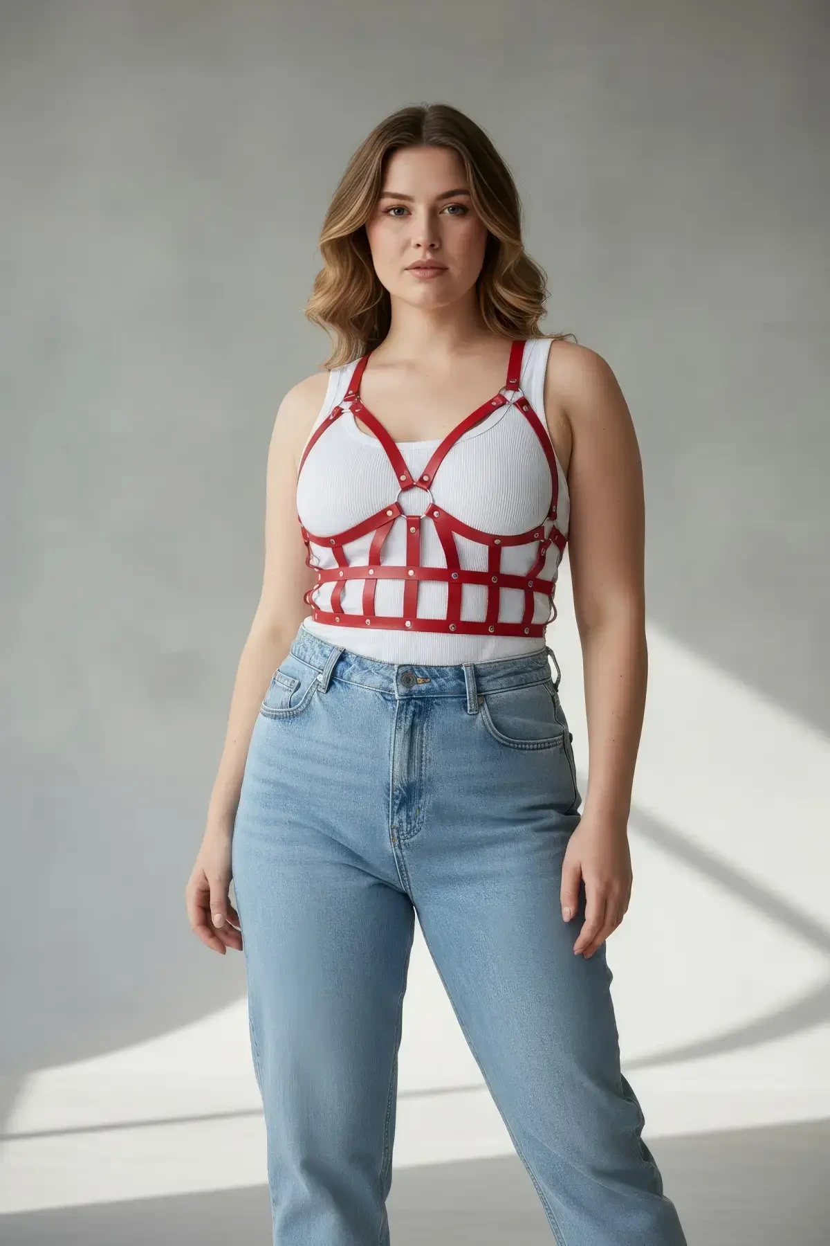 Büyük Beden Kırmızı Kadın Kemer Korse Tarzı Deri Vücut Aksesuarı - APFT819