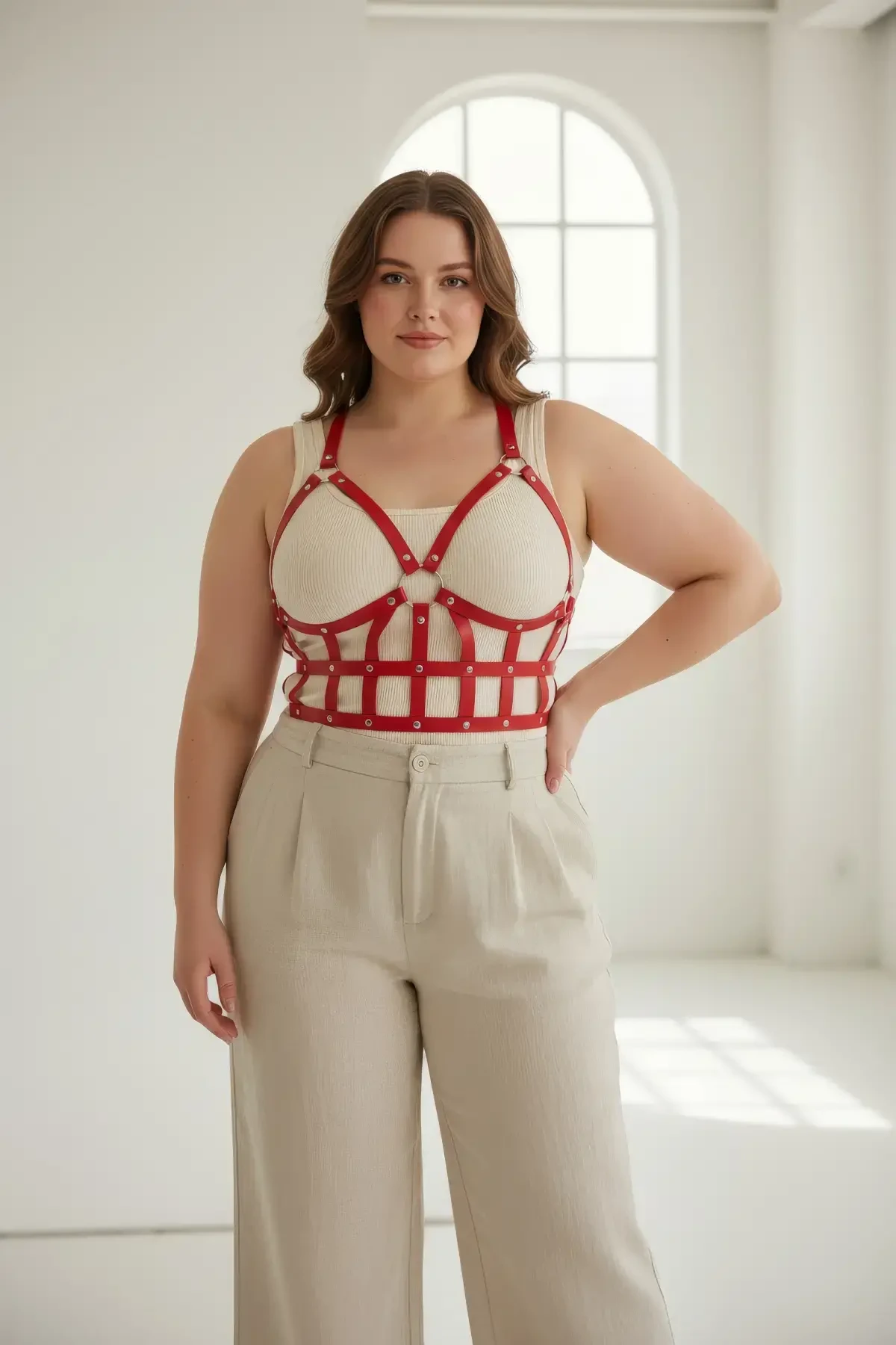 Büyük Beden Kırmızı Kadın Kemer Korse Tarzı Deri Vücut Aksesuarı - APFT819