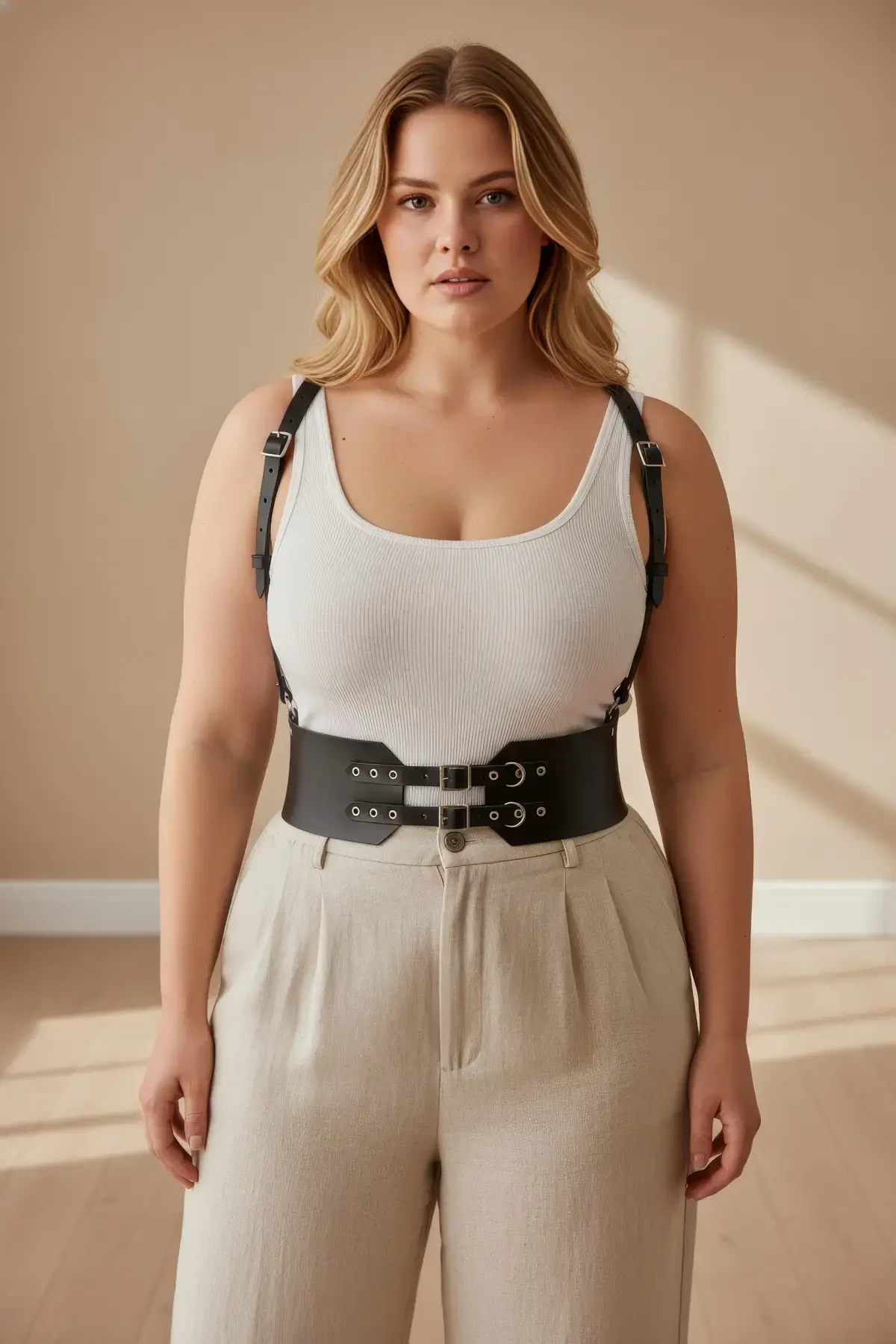 Büyük Beden Siyah Kadın Deri Kemer Geniş Korse Görünümlü Omuz Askılı - APFT853