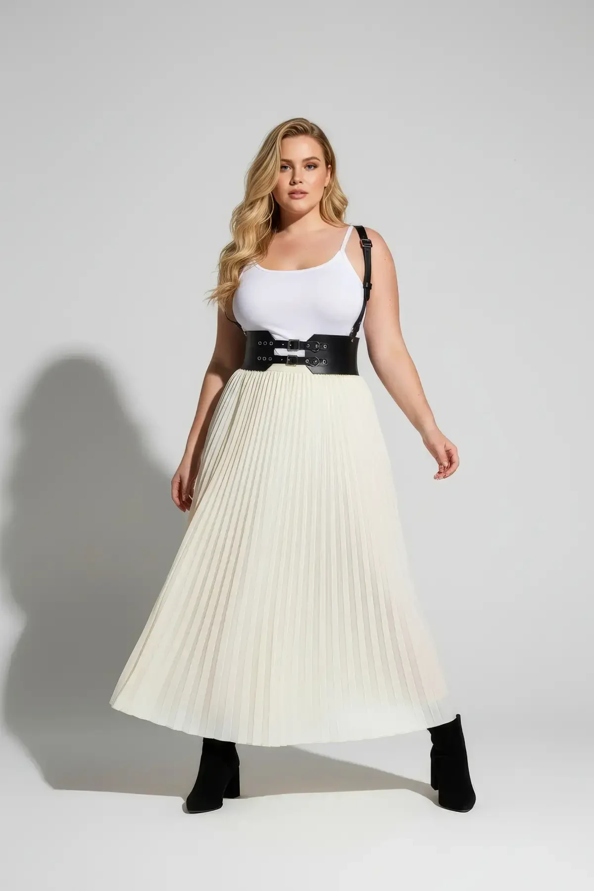 Büyük Beden Siyah Kadın Deri Kemer Geniş Korse Görünümlü Omuz Askılı - APFT853