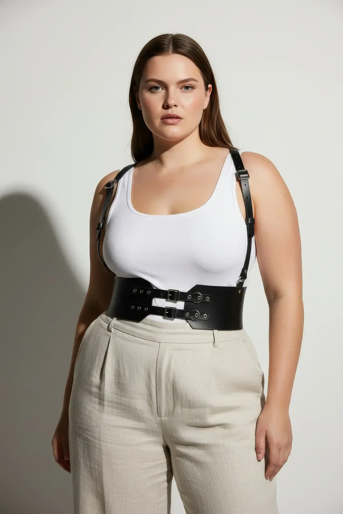 Büyük Beden Siyah Kadın Deri Kemer Geniş Korse Görünümlü Omuz Askılı - APFT853