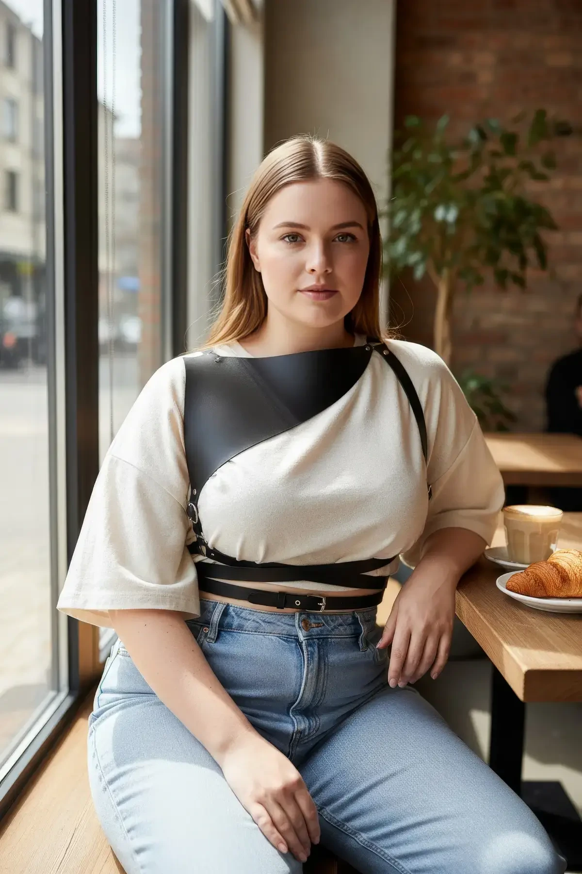 Büyük Beden Siyah Kadın Kemer Kıyafet Üstü Deri Harness Vücut Aksesuarı - APFT903