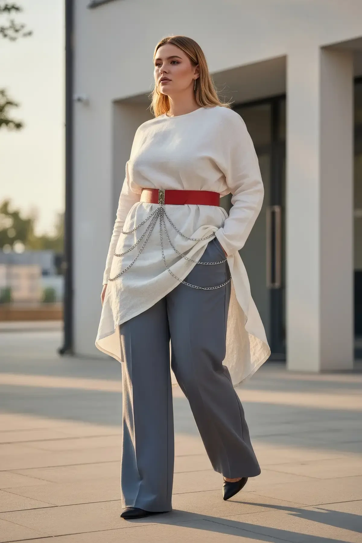 Büyük Beden Kırmızı Kadın Kemer Kalın Zincir Detaylı Elbise Kombin Kemeri - APFT904