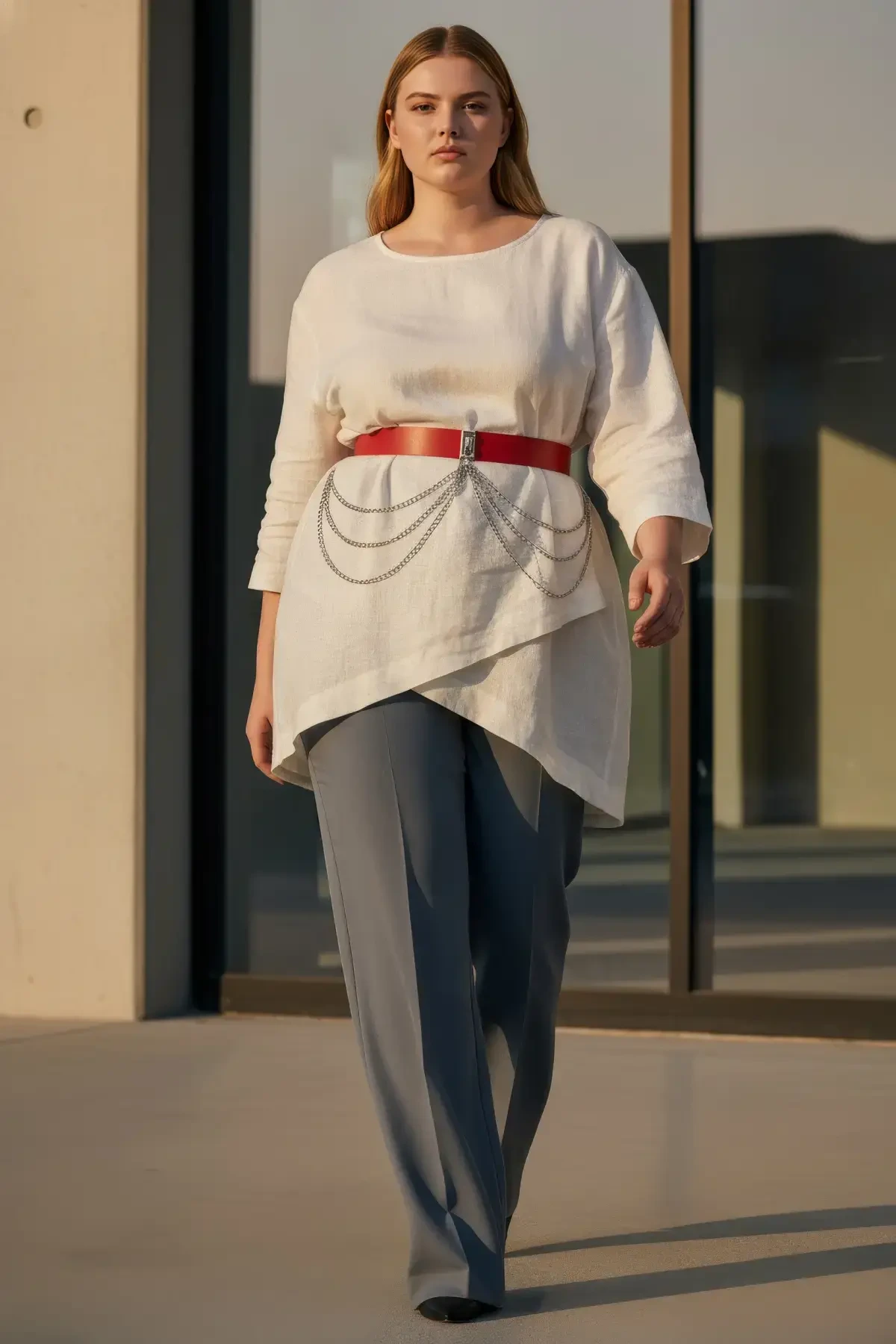 Büyük Beden Kırmızı Kadın Kemer Kalın Zincir Detaylı Elbise Kombin Kemeri - APFT904