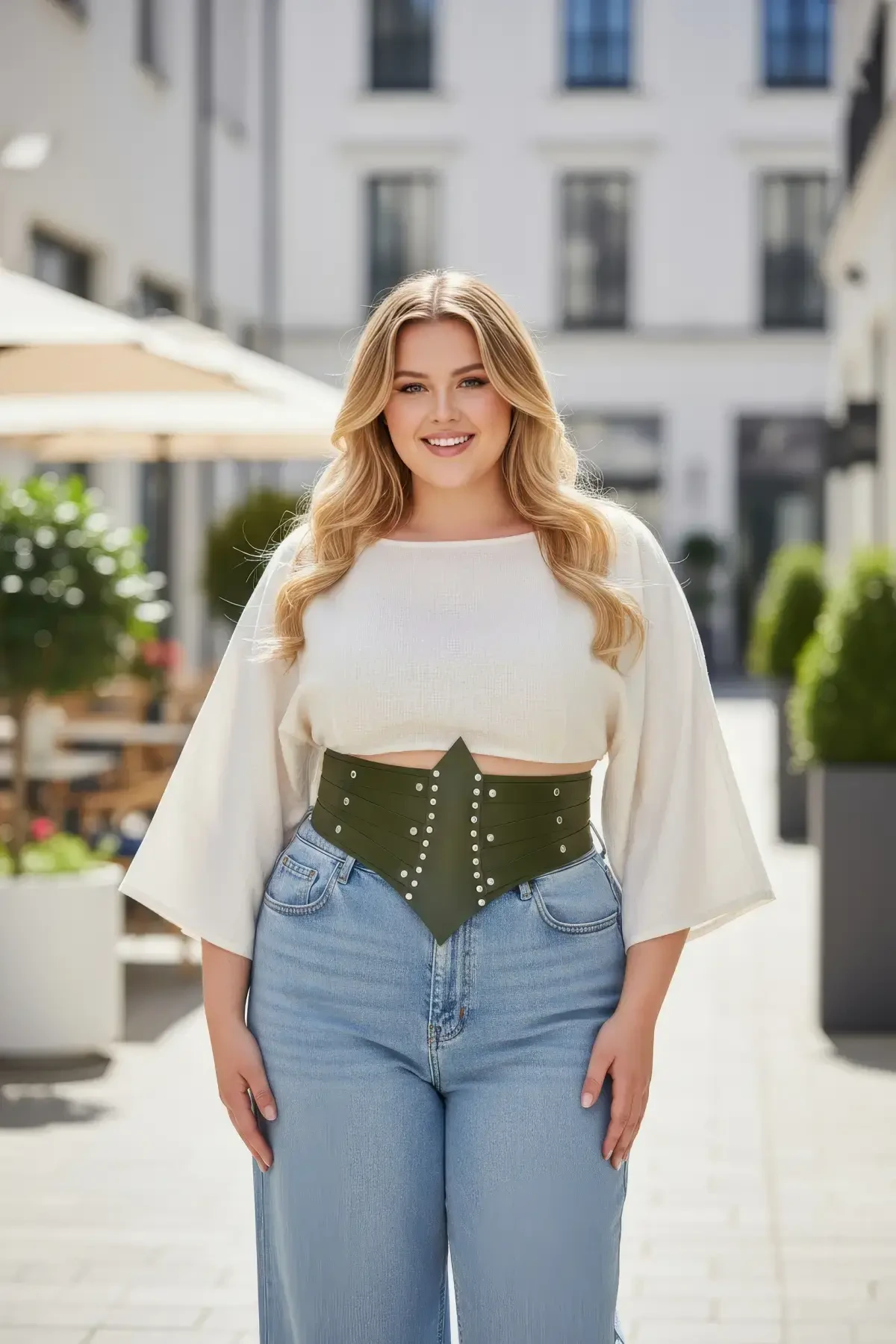 Büyük Beden Haki Kadın Korse Kemer, Zımba Detaylı Kalın Bel Aksesuarı - APFT905