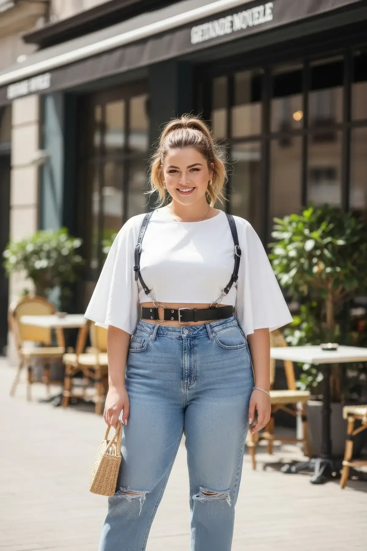 Büyük Beden Siyah Kadın Kemer Deri Harness Stil Halka Detaylı Vücut Aksesuarı - APFT934