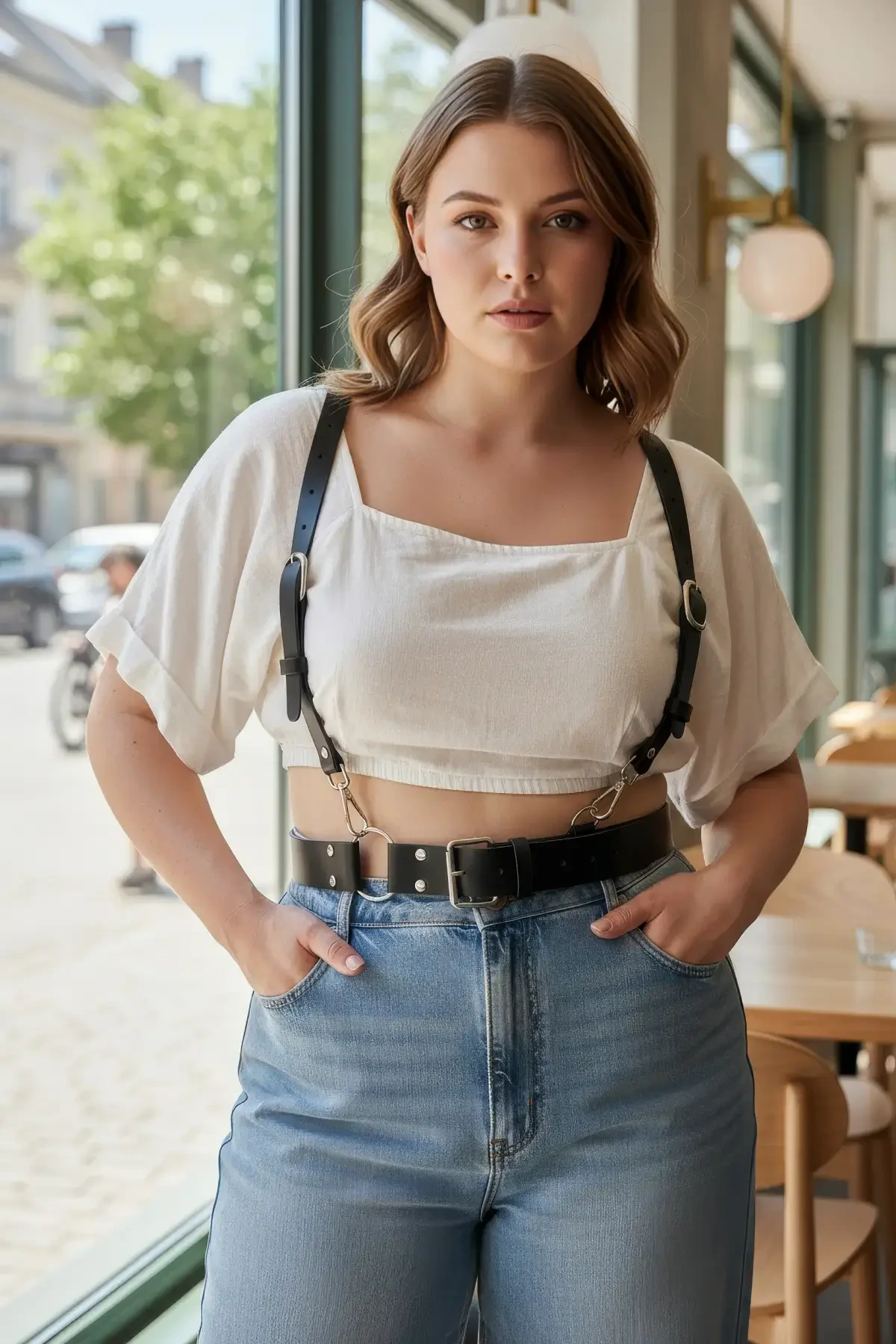 Büyük Beden Siyah Kadın Kemer Deri Harness Stil Halka Detaylı Vücut Aksesuarı - APFT934