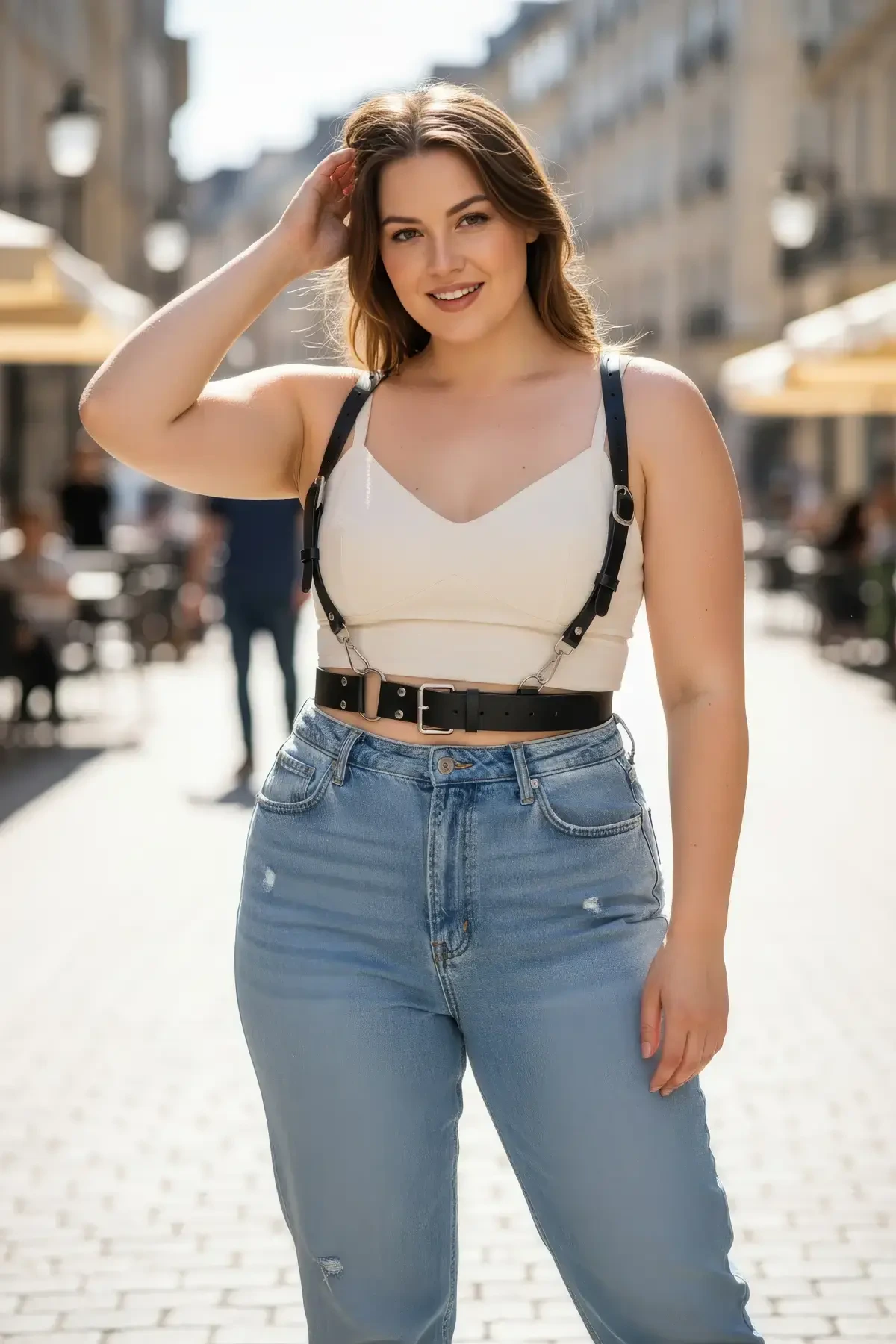 Büyük Beden Siyah Kadın Kemer Deri Harness Stil Halka Detaylı Vücut Aksesuarı - APFT934