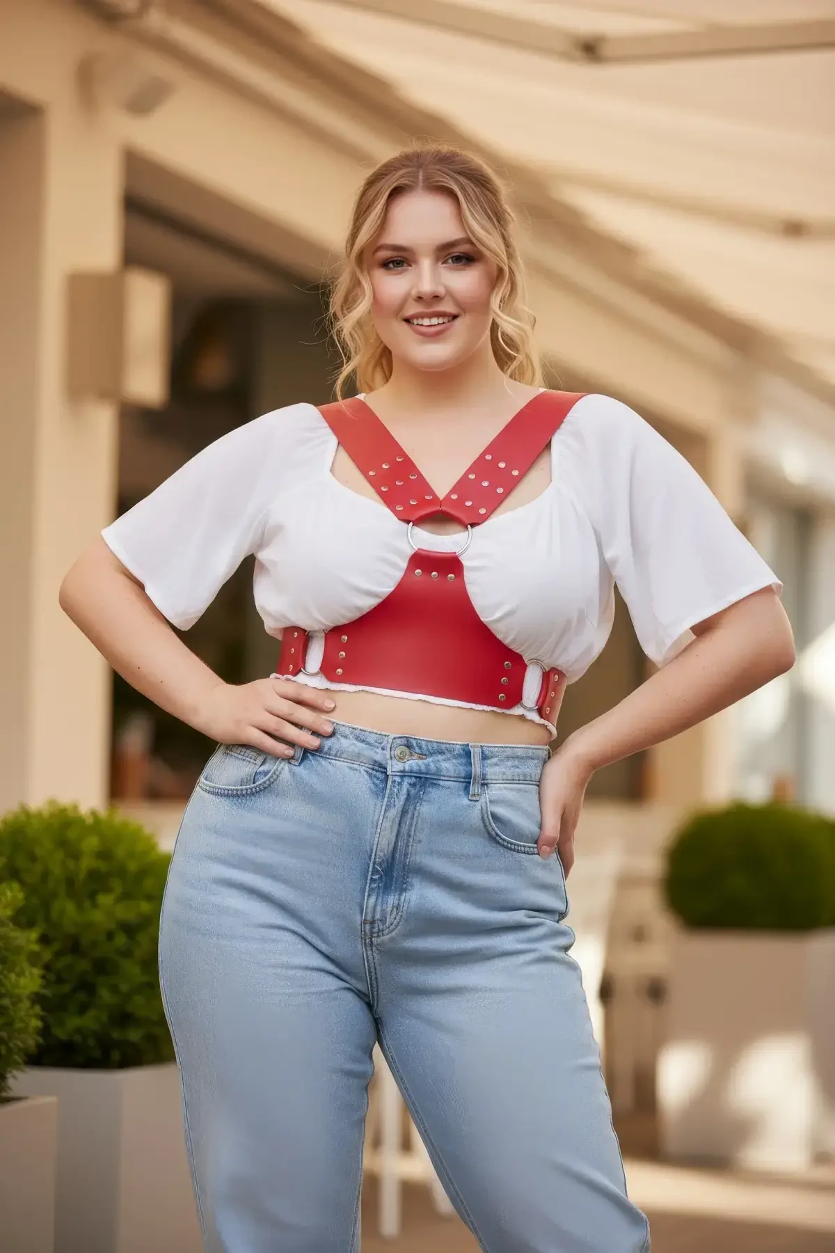 Büyük Beden Kırmızı Kadın Kemer Deri Korse Stil Zımbalı Askılı - APFT936