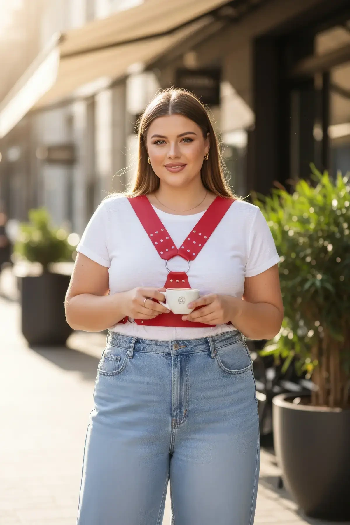 Büyük Beden Kırmızı Kadın Kemer Deri Korse Stil Zımbalı Askılı - APFT936