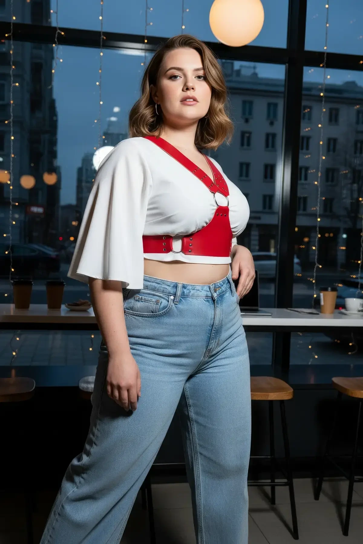 Büyük Beden Kırmızı Kadın Kemer Deri Korse Stil Zımbalı Askılı - APFT936