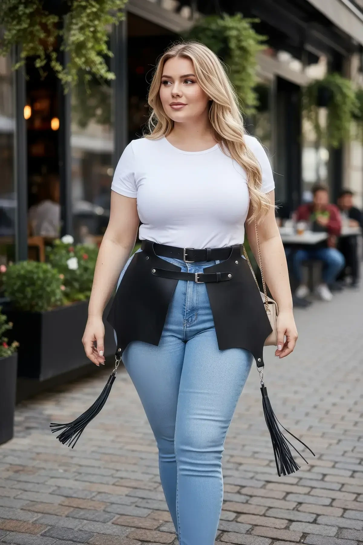 Büyük Beden Siyah Deri Kemer Korse Tarzı Etek Detaylı Püsküllü - APFT985