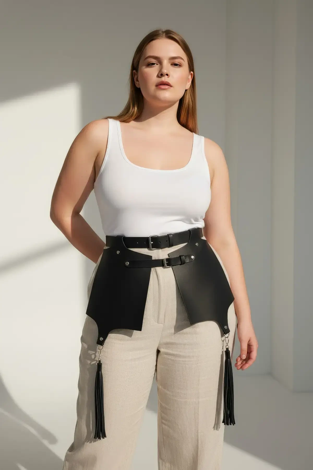 Büyük Beden Siyah Deri Kemer Korse Tarzı Etek Detaylı Püsküllü - APFT985